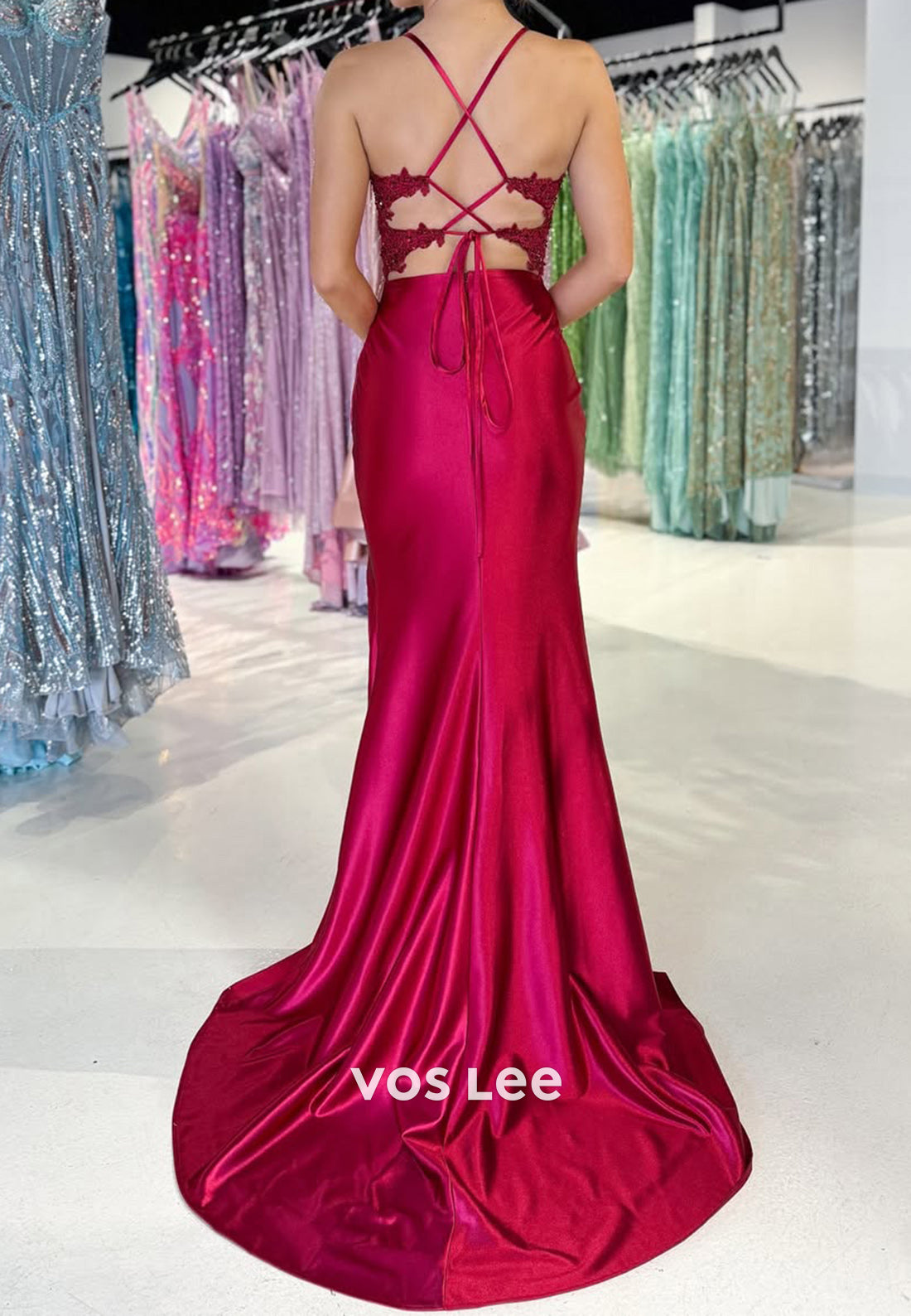 Chic Spaghetti Straps Applique Cutout Satin Formal Evening Dress Prom Gown