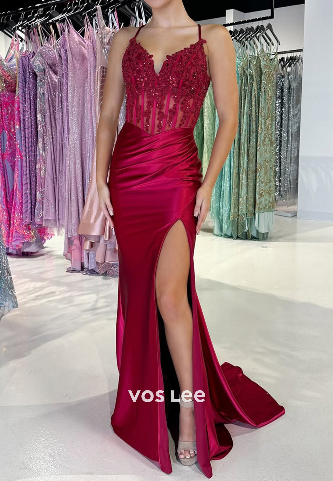 Chic Spaghetti Straps Applique Cutout Satin Formal Evening Dress Prom Gown