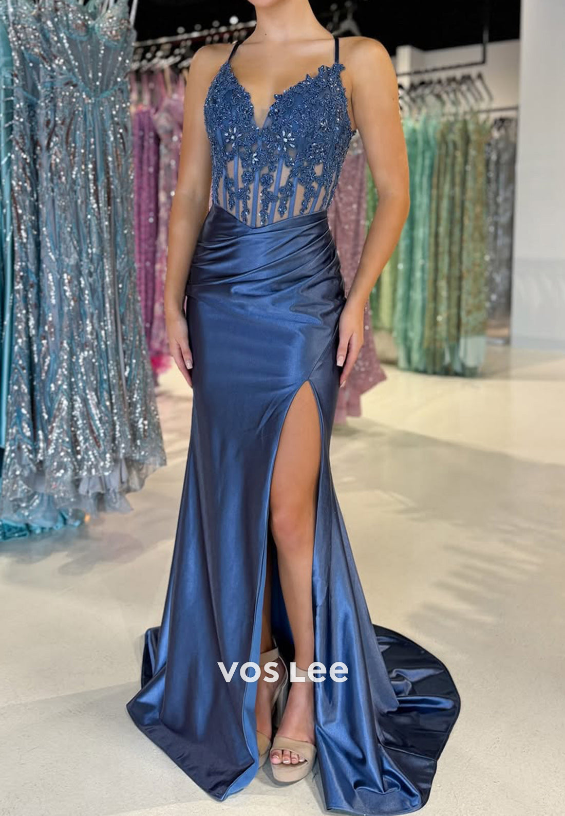 Chic Spaghetti Straps Applique Cutout Satin Formal Evening Dress Prom Gown