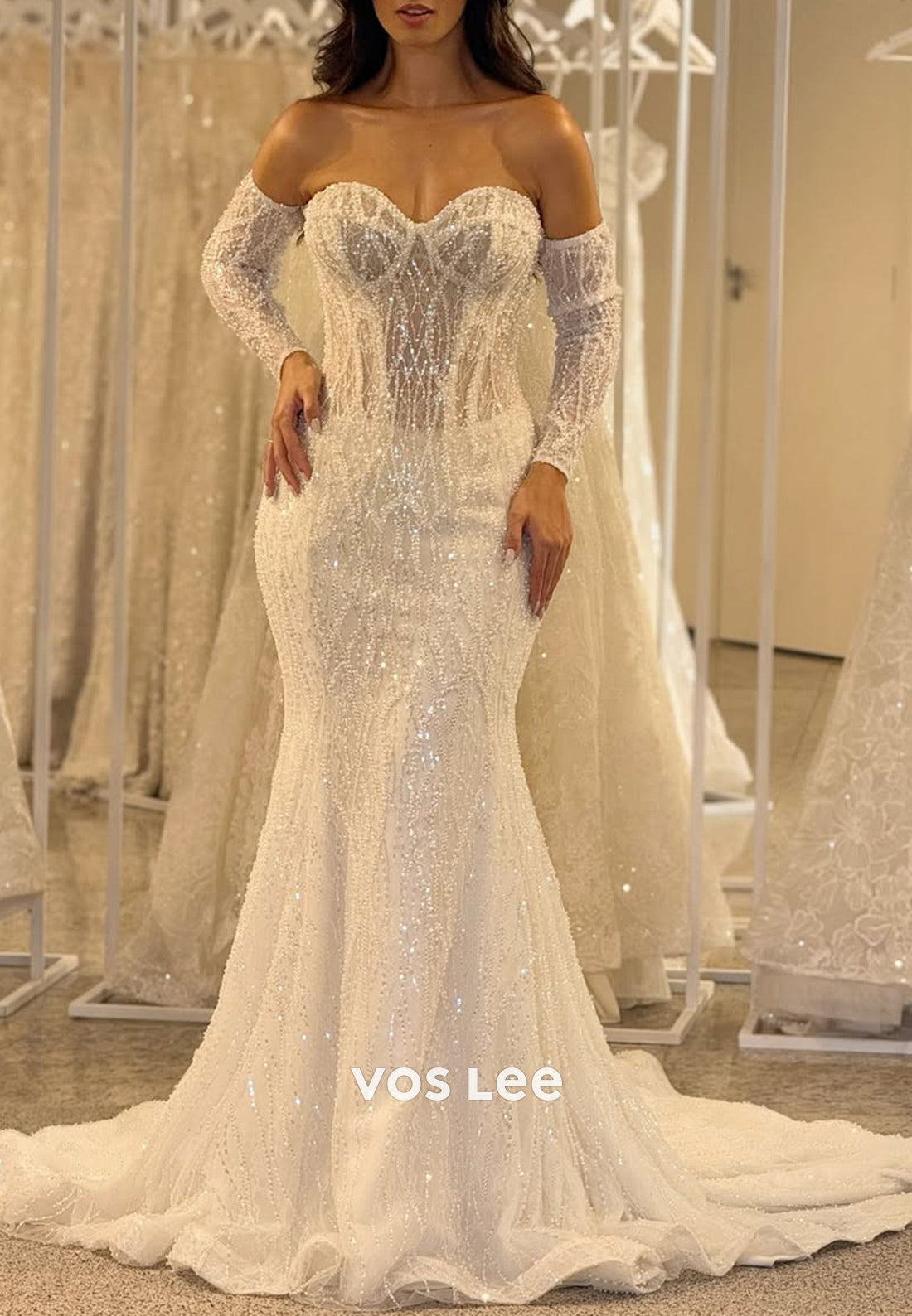 Long Sleeve Sweetheart Fully Beaded Mermaid Wedding Dresses with Court Train