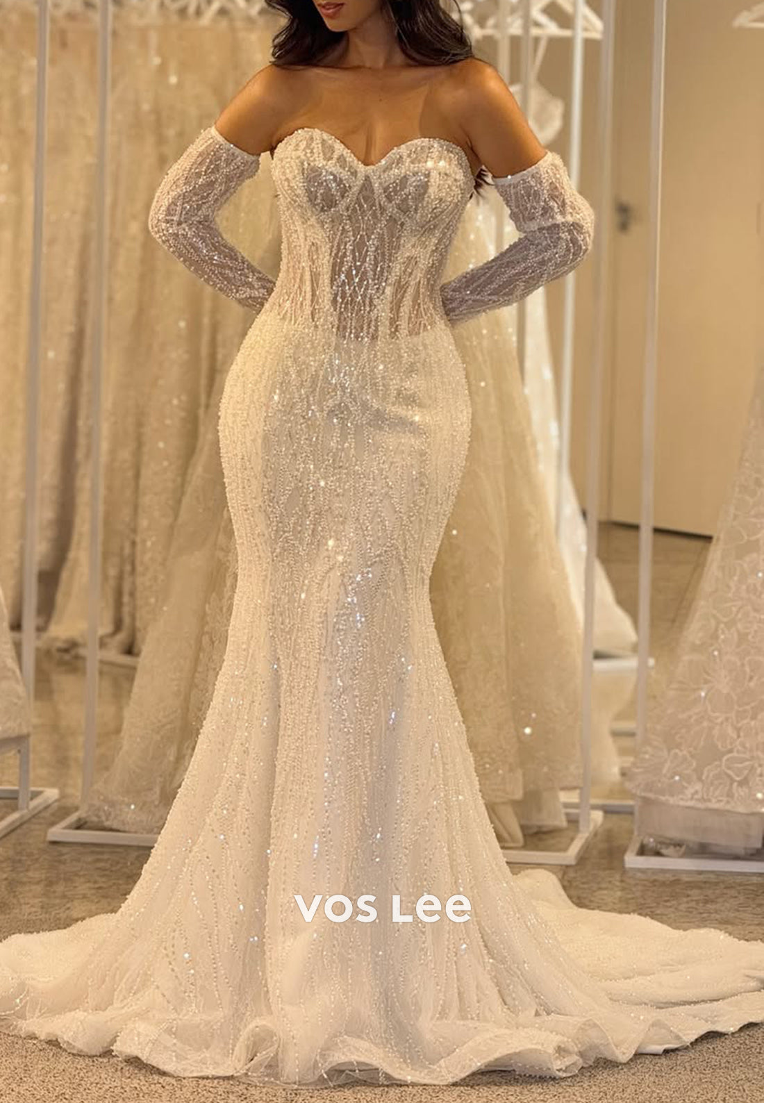 Long Sleeve Sweetheart Fully Beaded Mermaid Wedding Dresses with Court Train