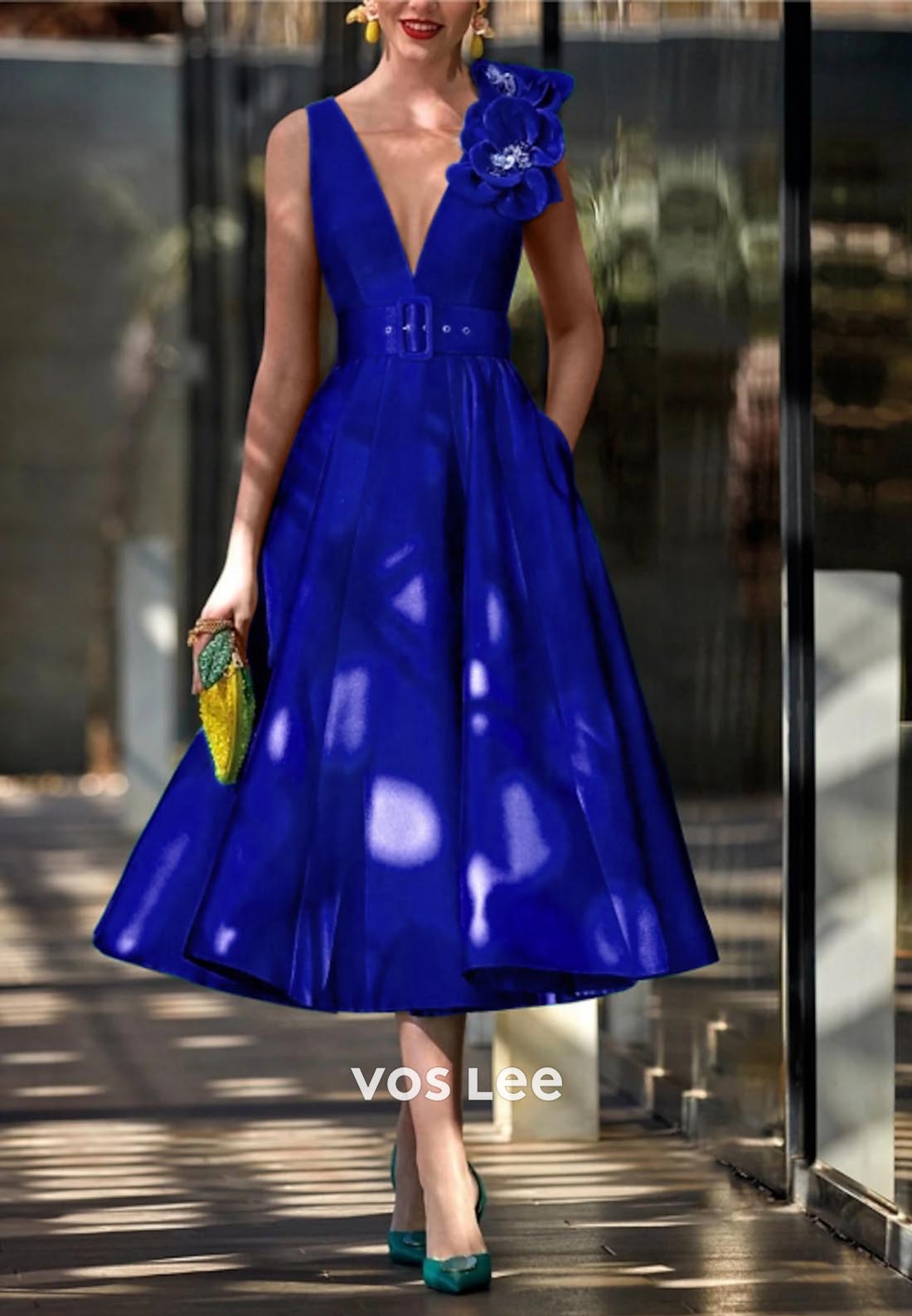 A-Line V Neck Pleats Floral Embossed Evening Dress Midi Dresses