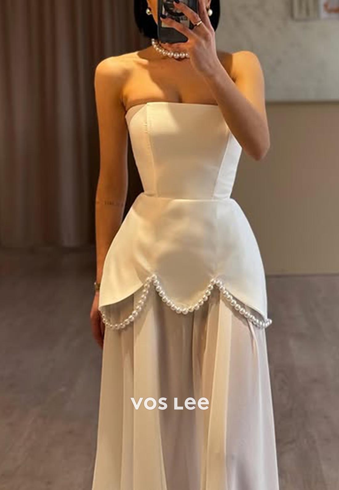 Glamorous & Dramatic Strapless Pearls Illusion Long Formal Dresses