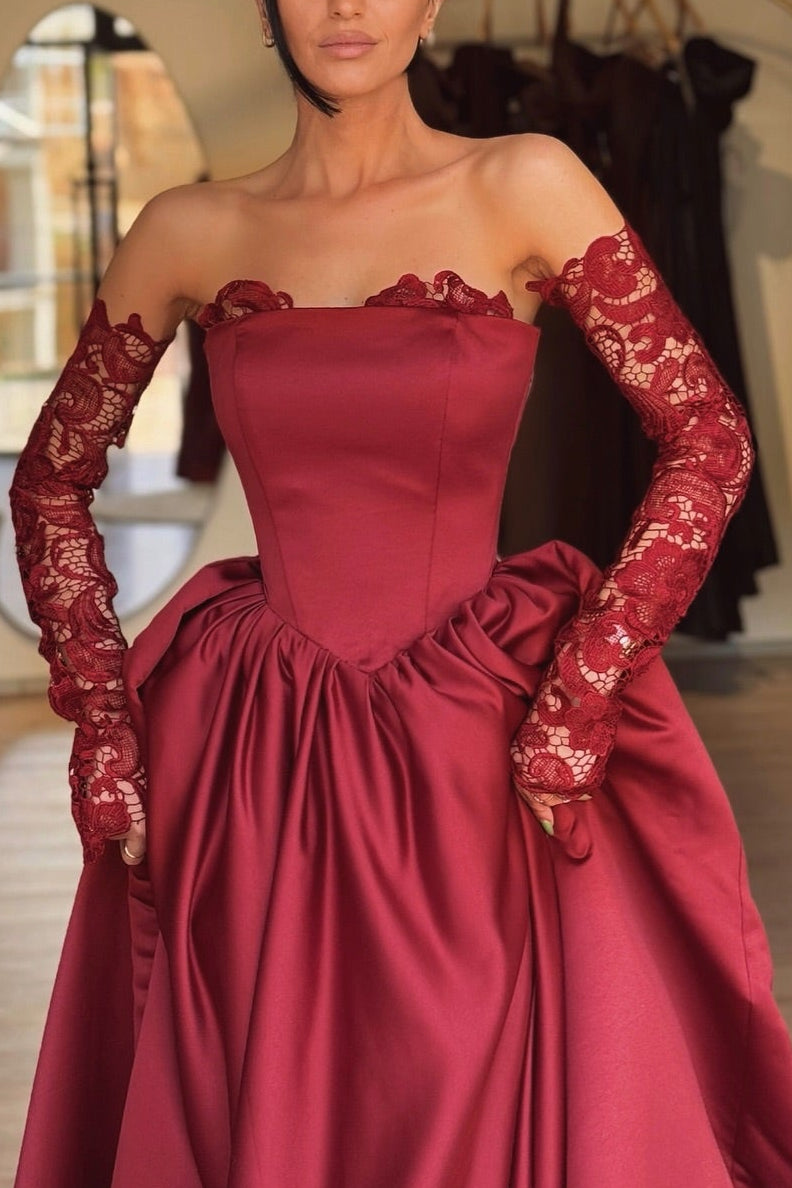 Elegant Wine Red Lace Princess Gown | Sweetheart Neckline A-Line Formal Dress