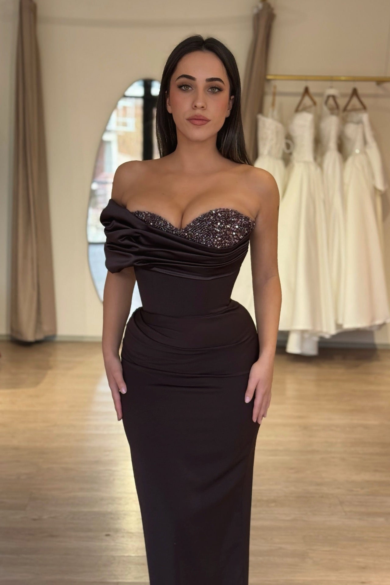 Luxury Bead Sweetheart Satin Prom Dress | Off Shoulder Bodycon Formal Gown