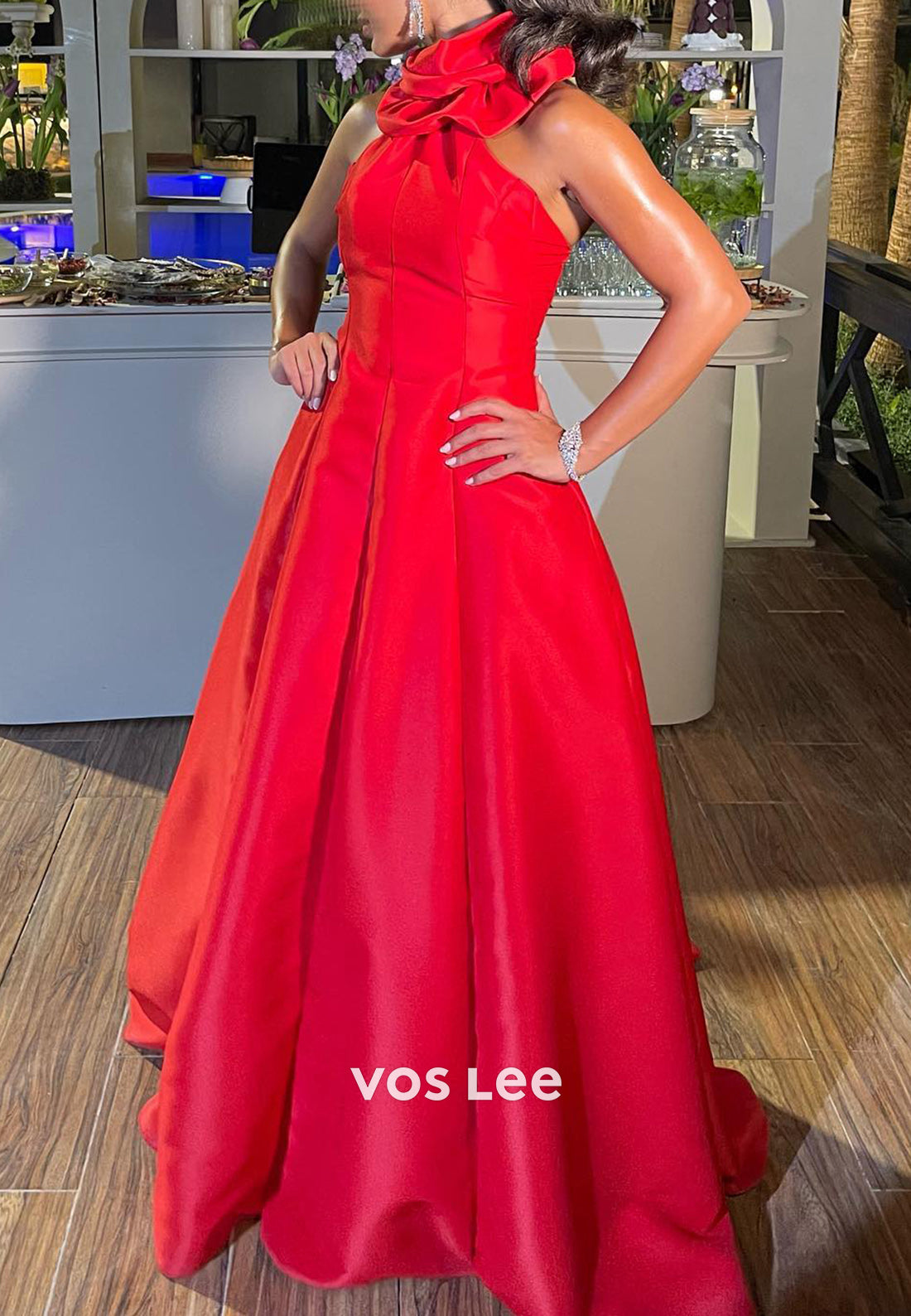 Sexy & Hot Red A-Line Halter Rhinestone Pleated Long Evening Dresses with Sweep Train
