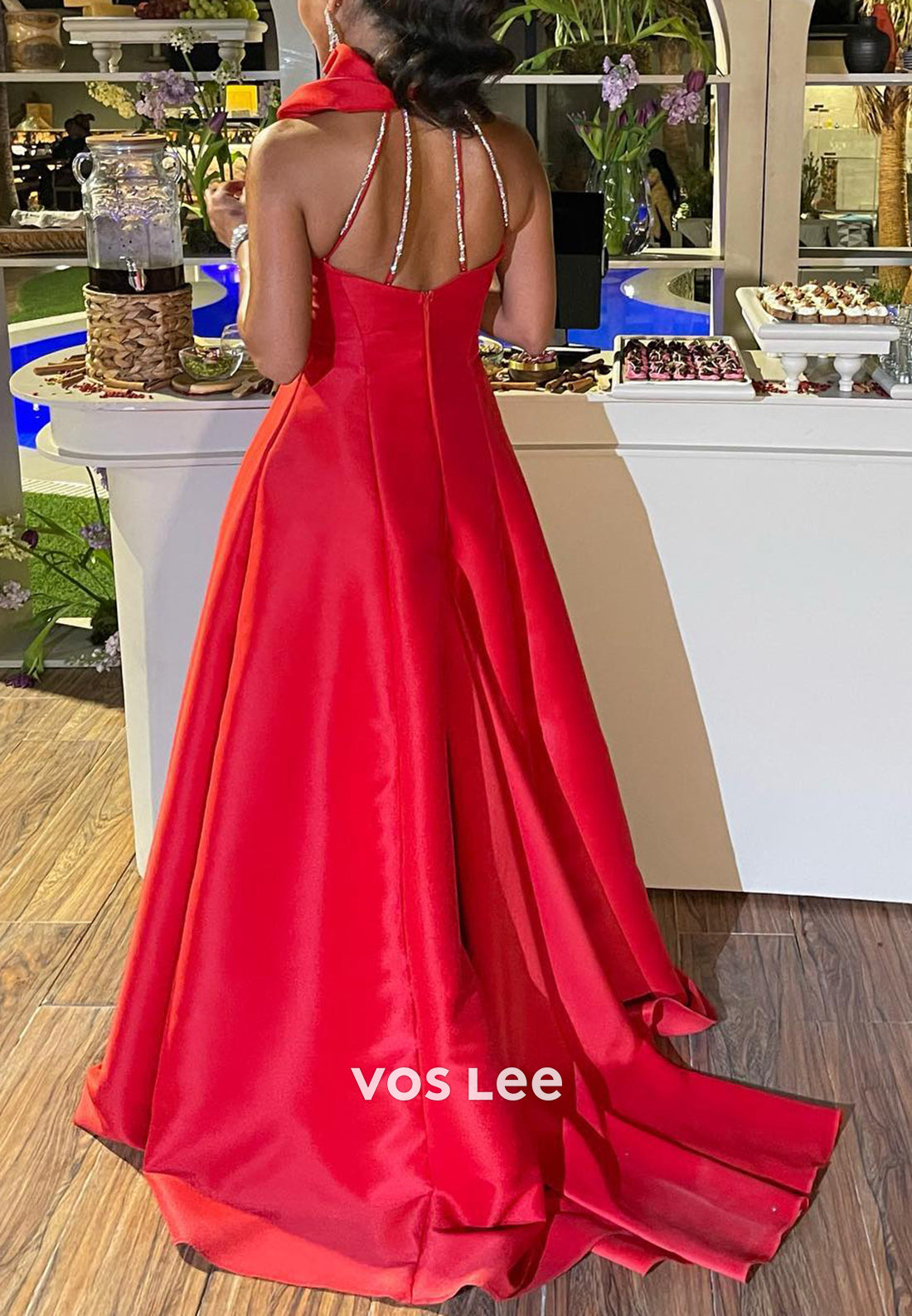 Sexy & Hot Red A-Line Halter Rhinestone Pleated Long Evening Dresses with Sweep Train