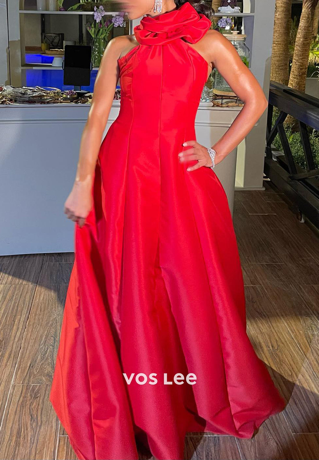 Sexy & Hot Red A-Line Halter Rhinestone Pleated Long Evening Dresses with Sweep Train