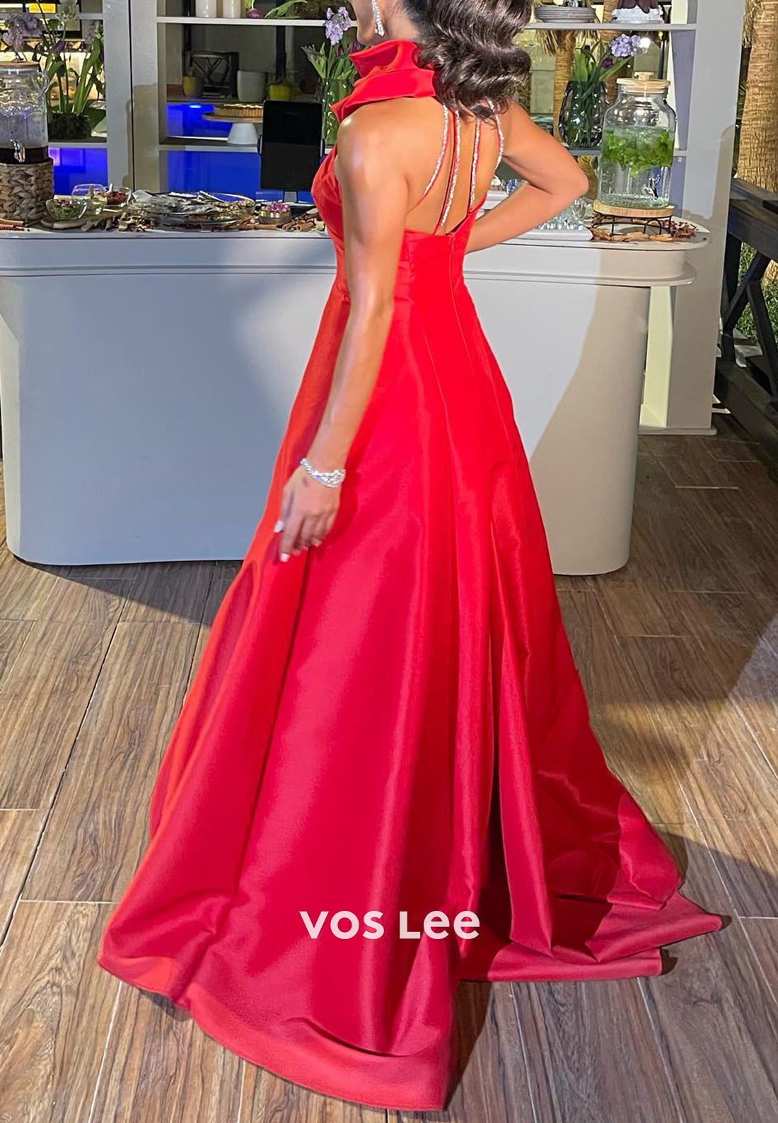 Sexy & Hot Red A-Line Halter Rhinestone Pleated Long Evening Dresses with Sweep Train