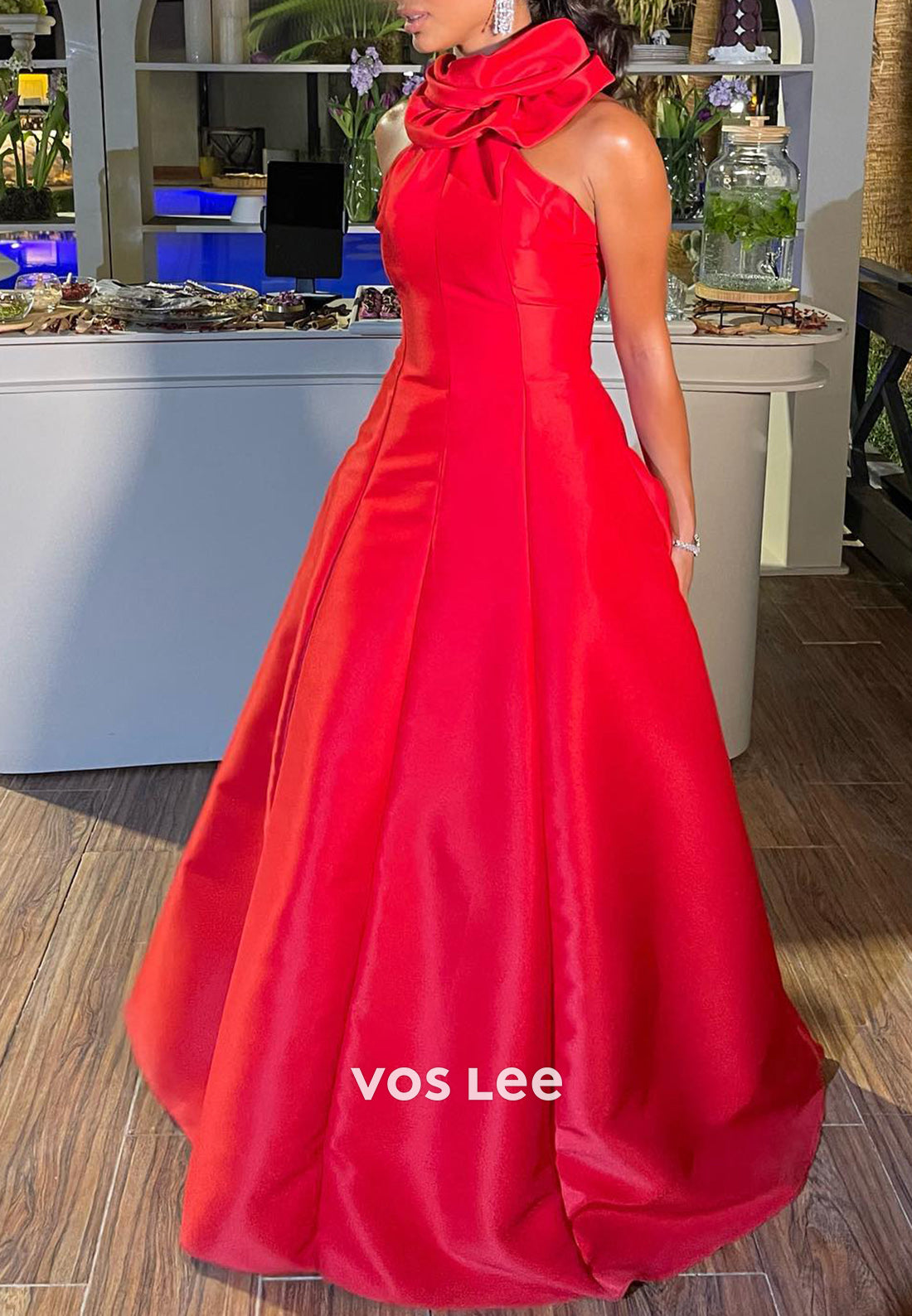 Sexy & Hot Red A-Line Halter Rhinestone Pleated Long Evening Dresses with Sweep Train