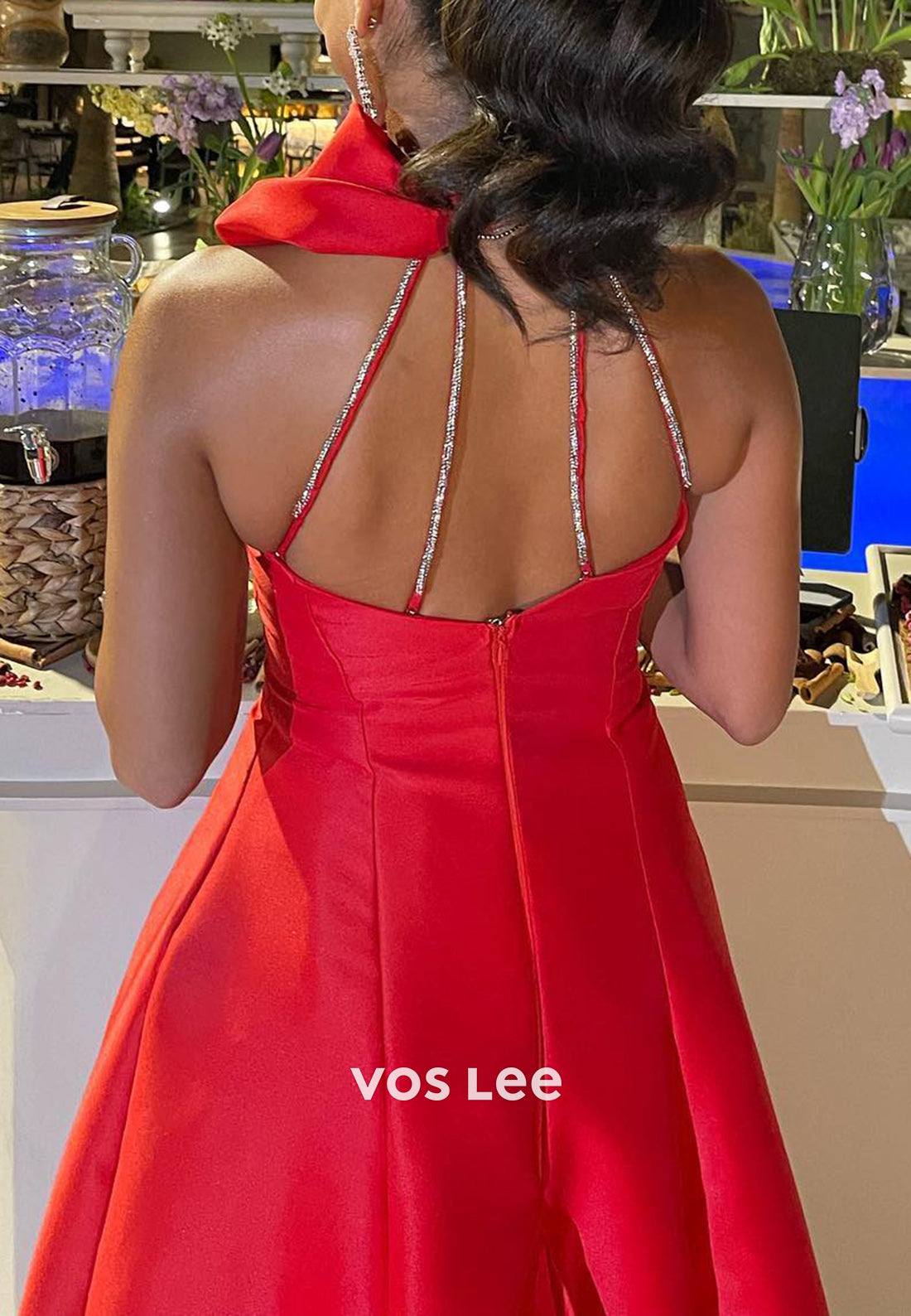 Sexy & Hot Red A-Line Halter Rhinestone Pleated Long Evening Dresses with Sweep Train