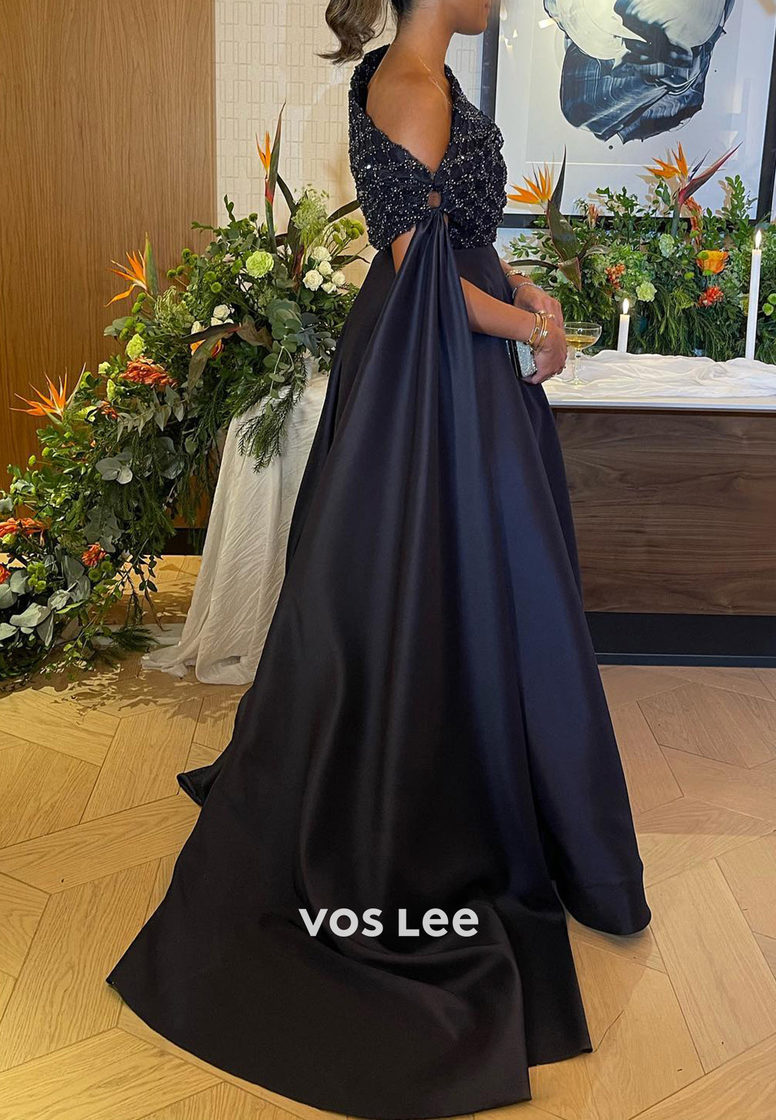 Sparkling & Simple A-Line Asymmetrical Neck Long Evening Dresses with Sweep Train