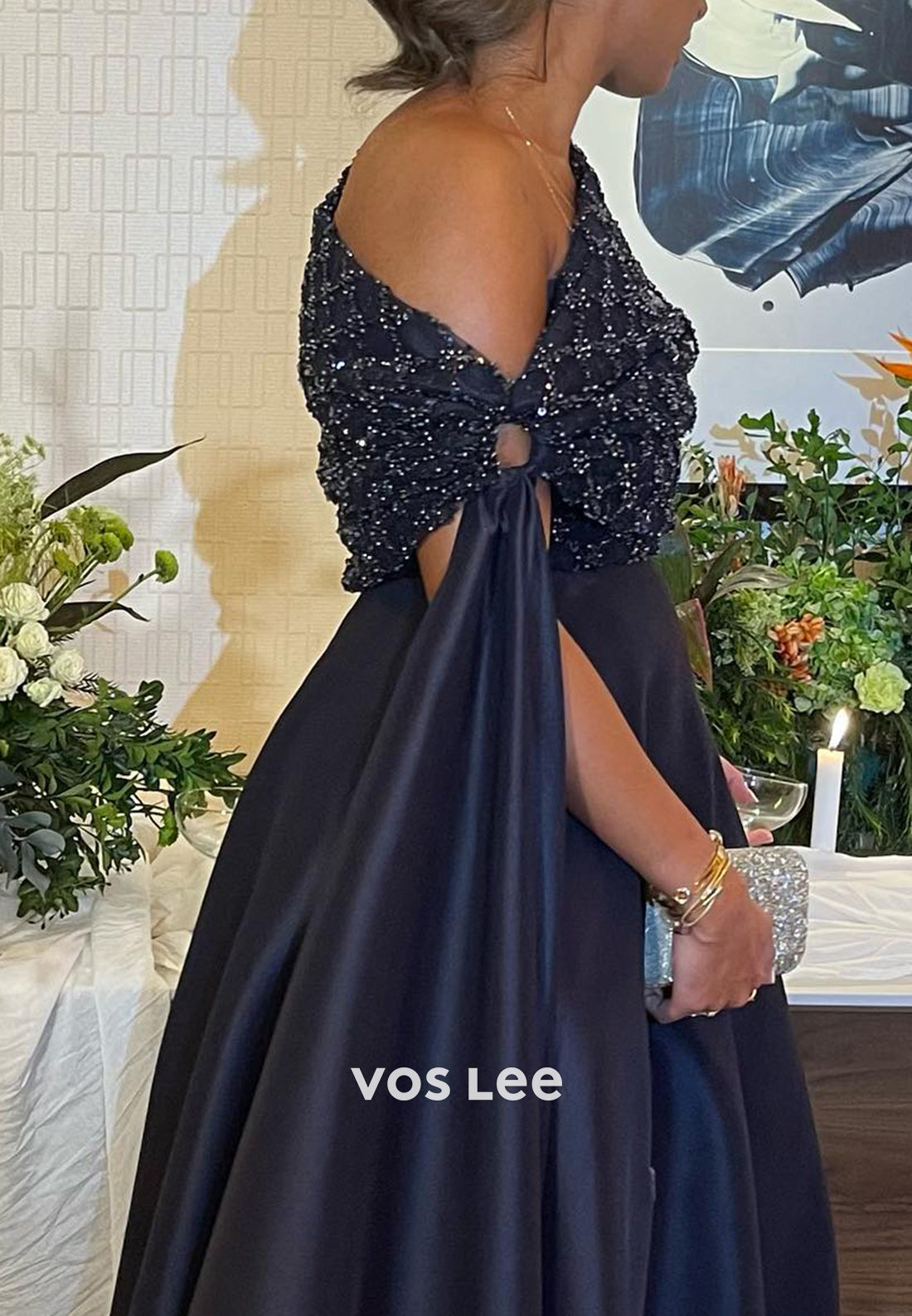 Sparkling & Simple A-Line Asymmetrical Neck Long Evening Dresses with Sweep Train