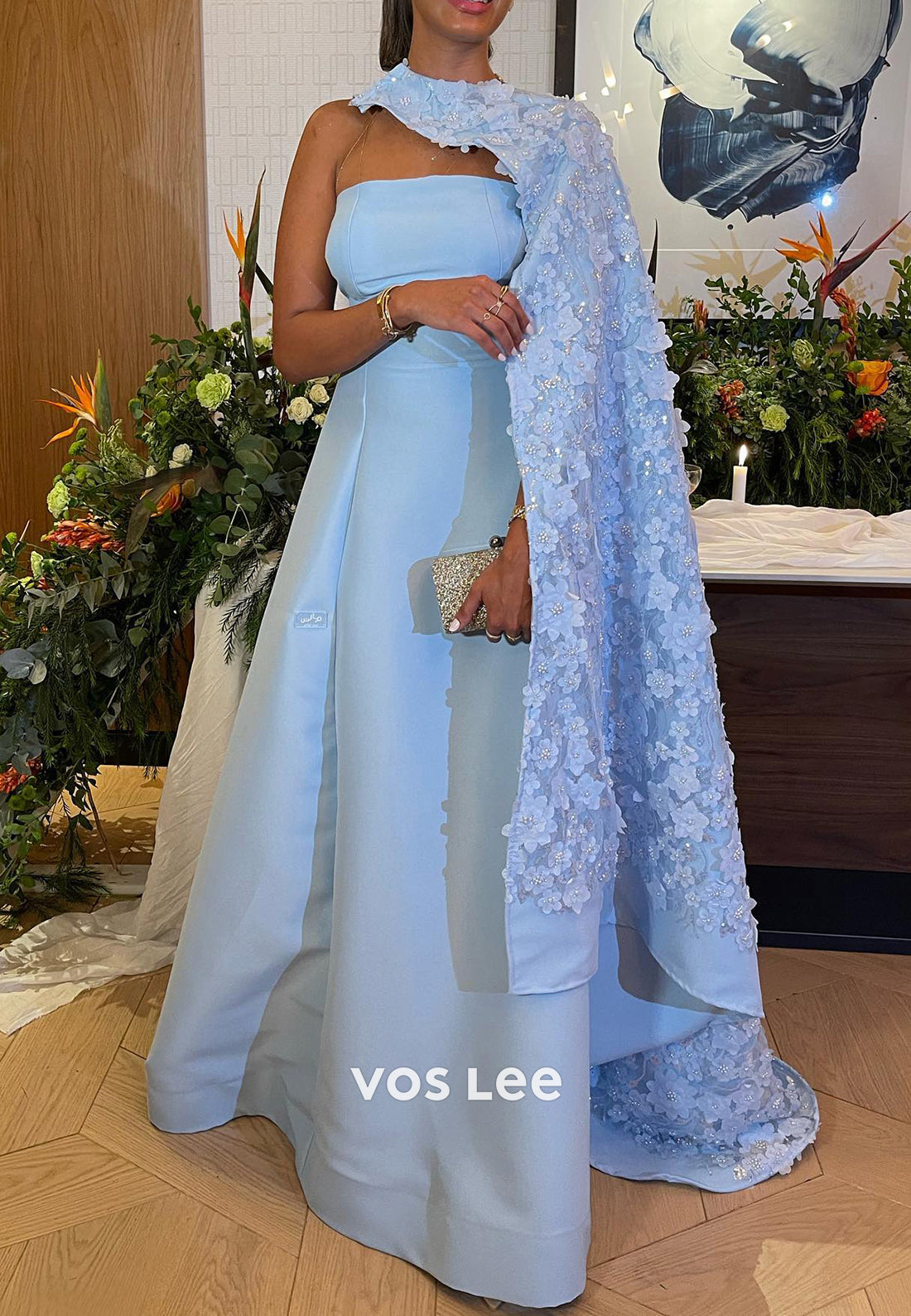 A-Line Asymmetrical Neck Appliques Floor-Length Evening Dresses with Sweep Train