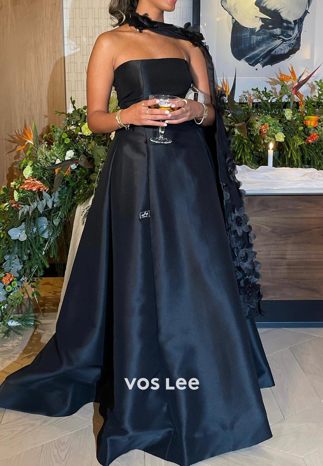 A-Line Asymmetrical Neck Appliques Floor-Length Evening Dresses with Sweep Train
