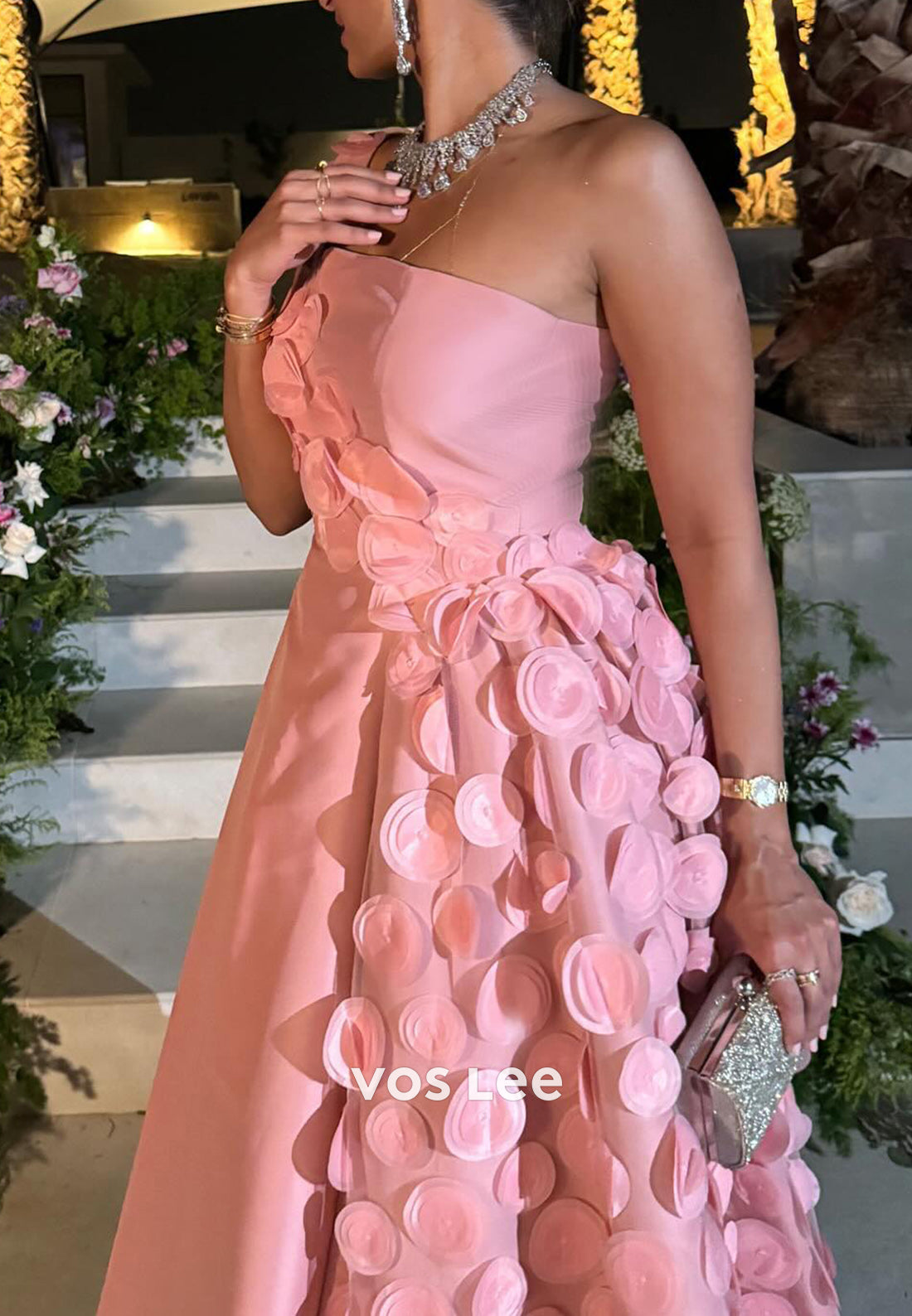 Classic & Timeless A-Line One Shoulder Floral Embellished Evening Dresses with Sweep Train