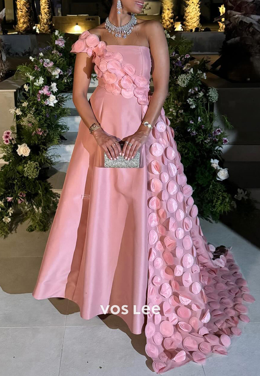 Classic & Timeless A-Line One Shoulder Floral Embellished Evening Dresses with Sweep Train
