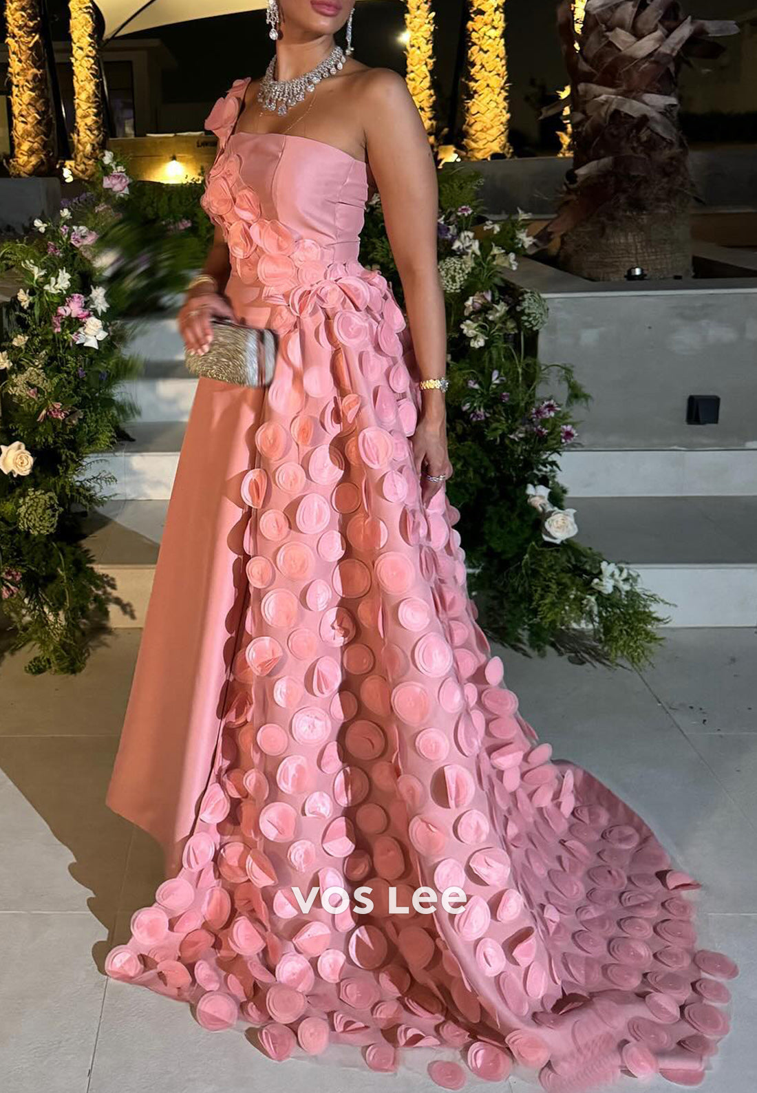 Classic & Timeless A-Line One Shoulder Floral Embellished Evening Dresses with Sweep Train