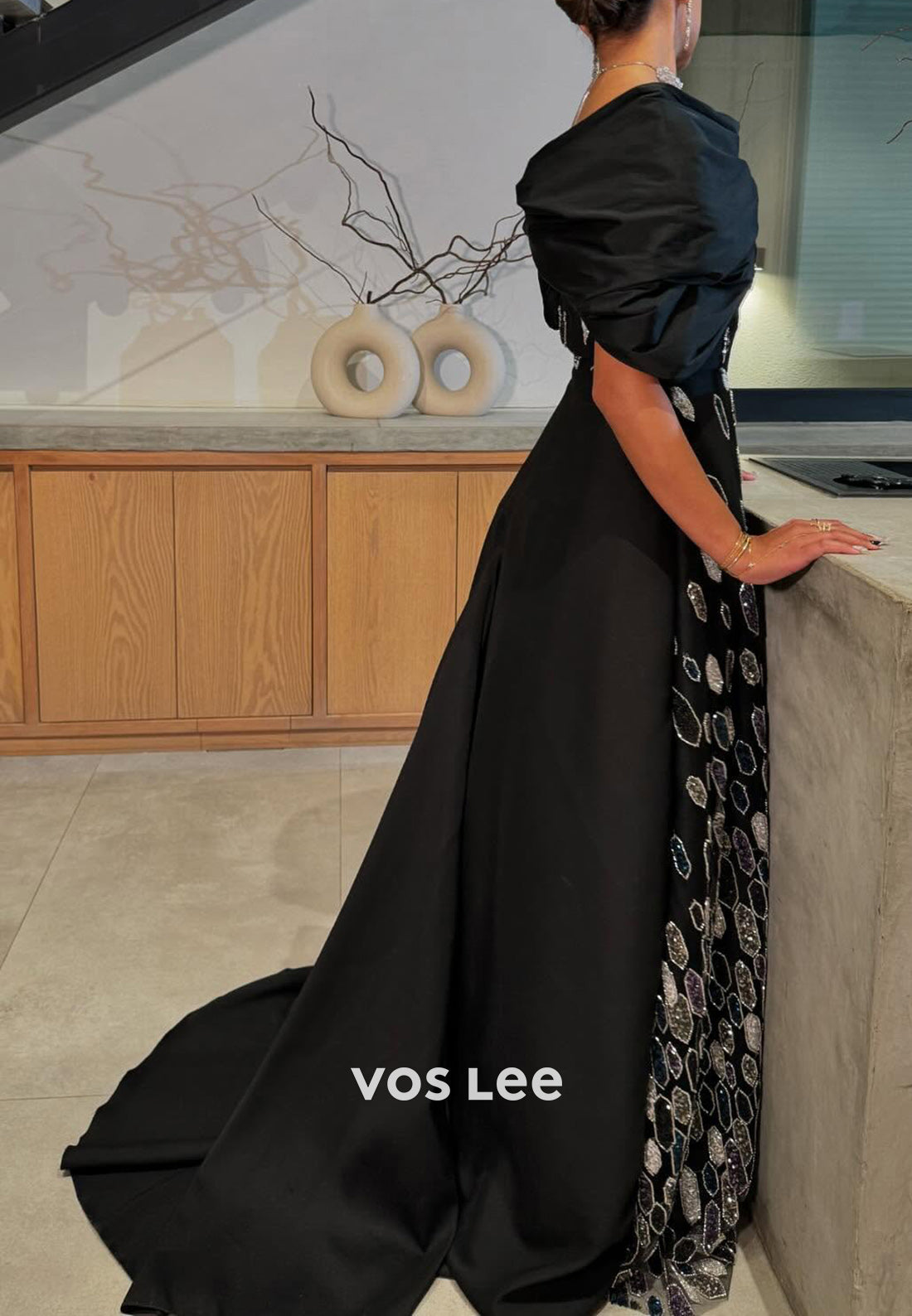 A-Line Off the Shoulder Beaded Rhinestone Pleated Evening Dresses with Court Train