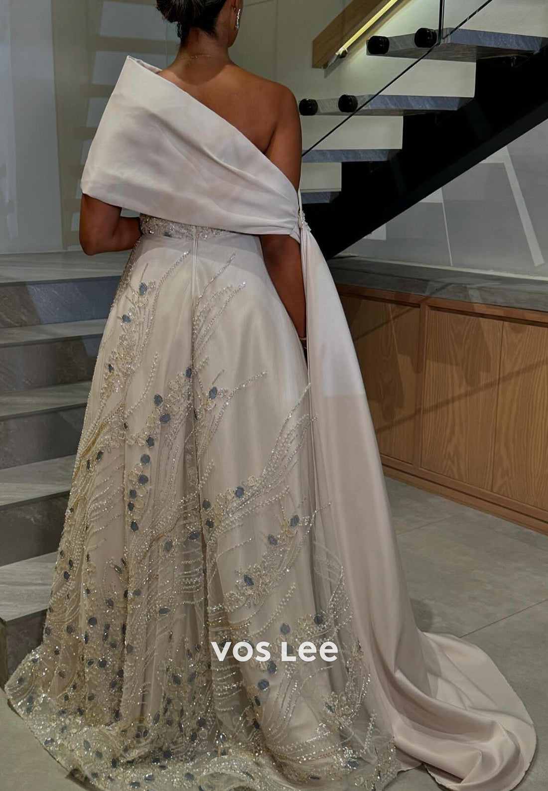 Luxurious A-Line One Shoulder Fully Beaded Rhinestone Evening Dresses with Court Train