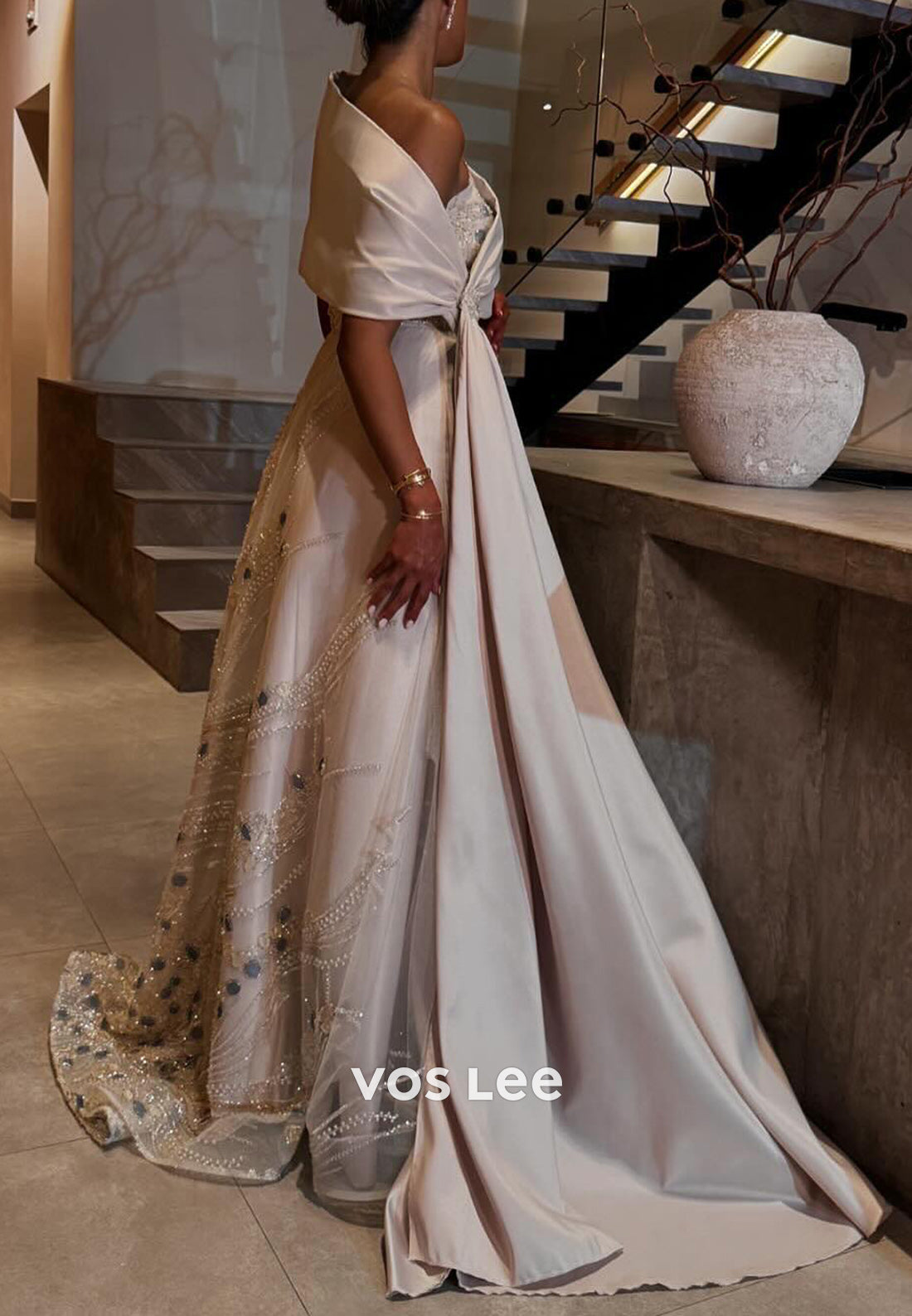 Luxurious A-Line One Shoulder Fully Beaded Rhinestone Evening Dresses with Court Train