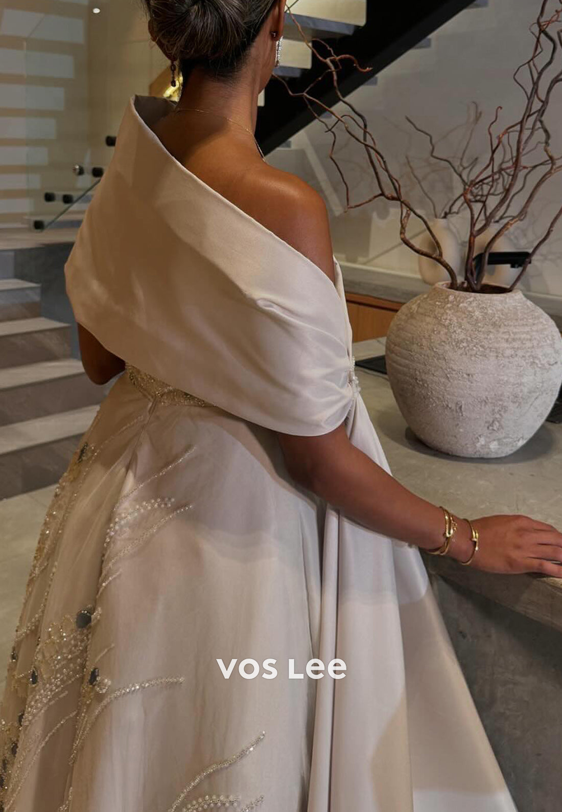 Luxurious A-Line One Shoulder Fully Beaded Rhinestone Evening Dresses with Court Train
