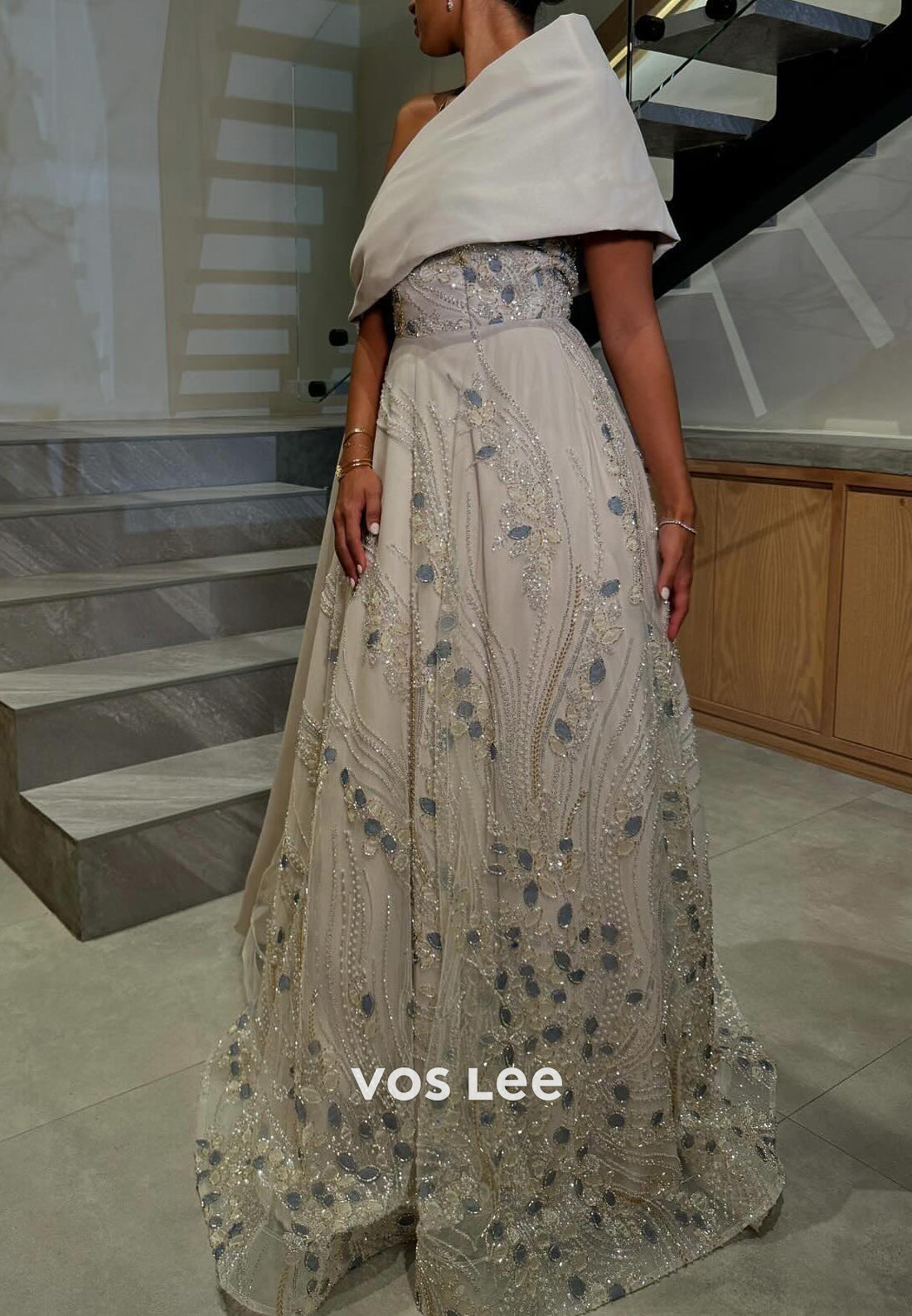 Luxurious A-Line One Shoulder Fully Beaded Rhinestone Evening Dresses with Court Train