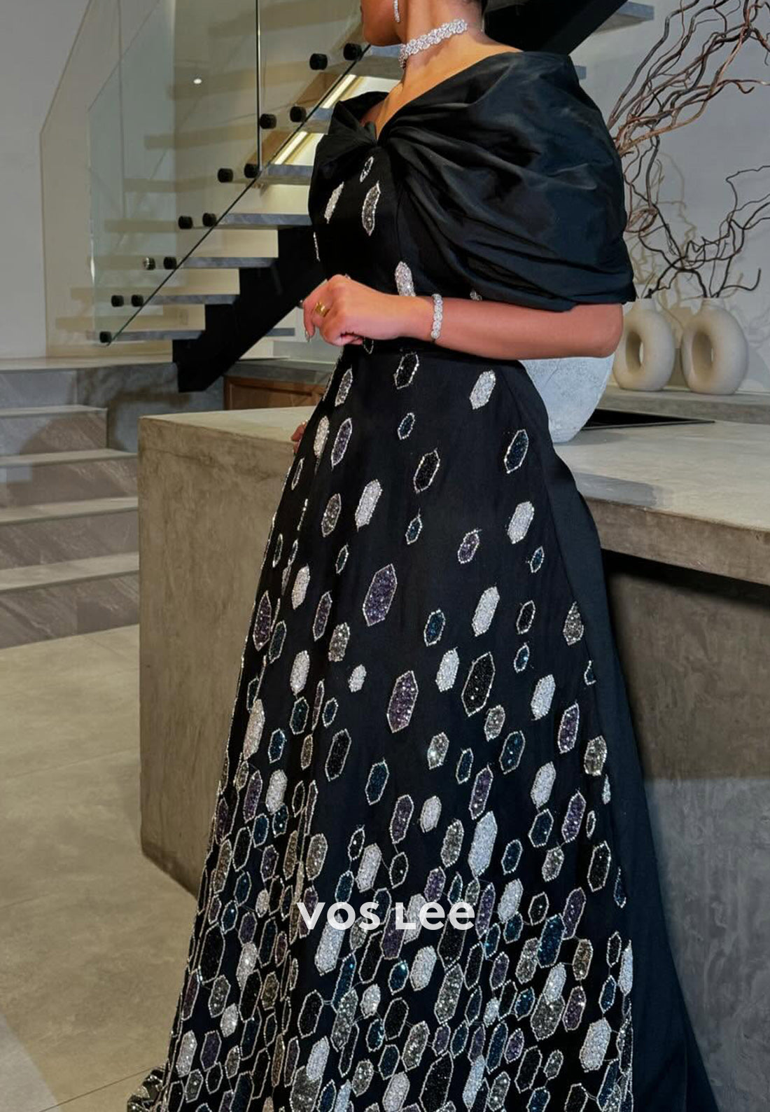 A-Line Off the Shoulder Beaded Rhinestone Pleated Evening Dresses with Court Train