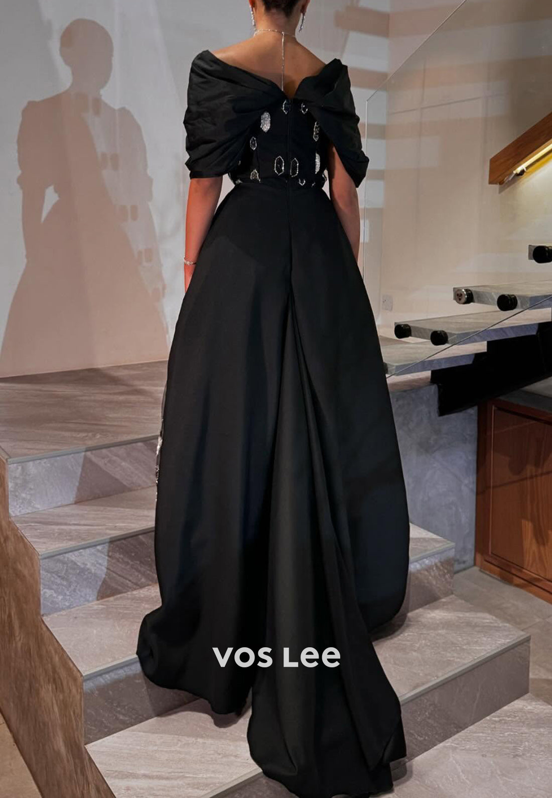 A-Line Off the Shoulder Beaded Rhinestone Pleated Evening Dresses with Court Train