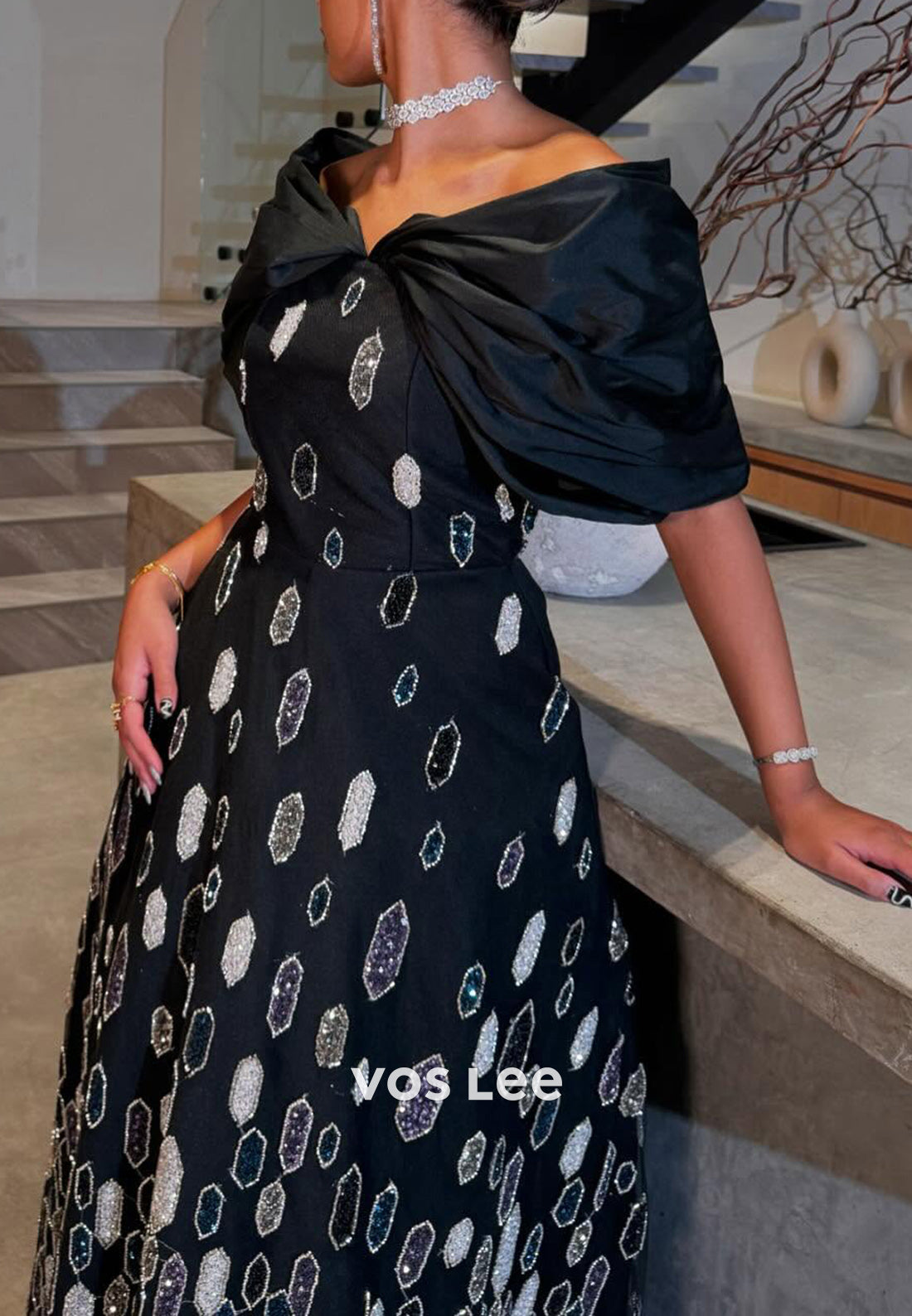 A-Line Off the Shoulder Beaded Rhinestone Pleated Evening Dresses with Court Train