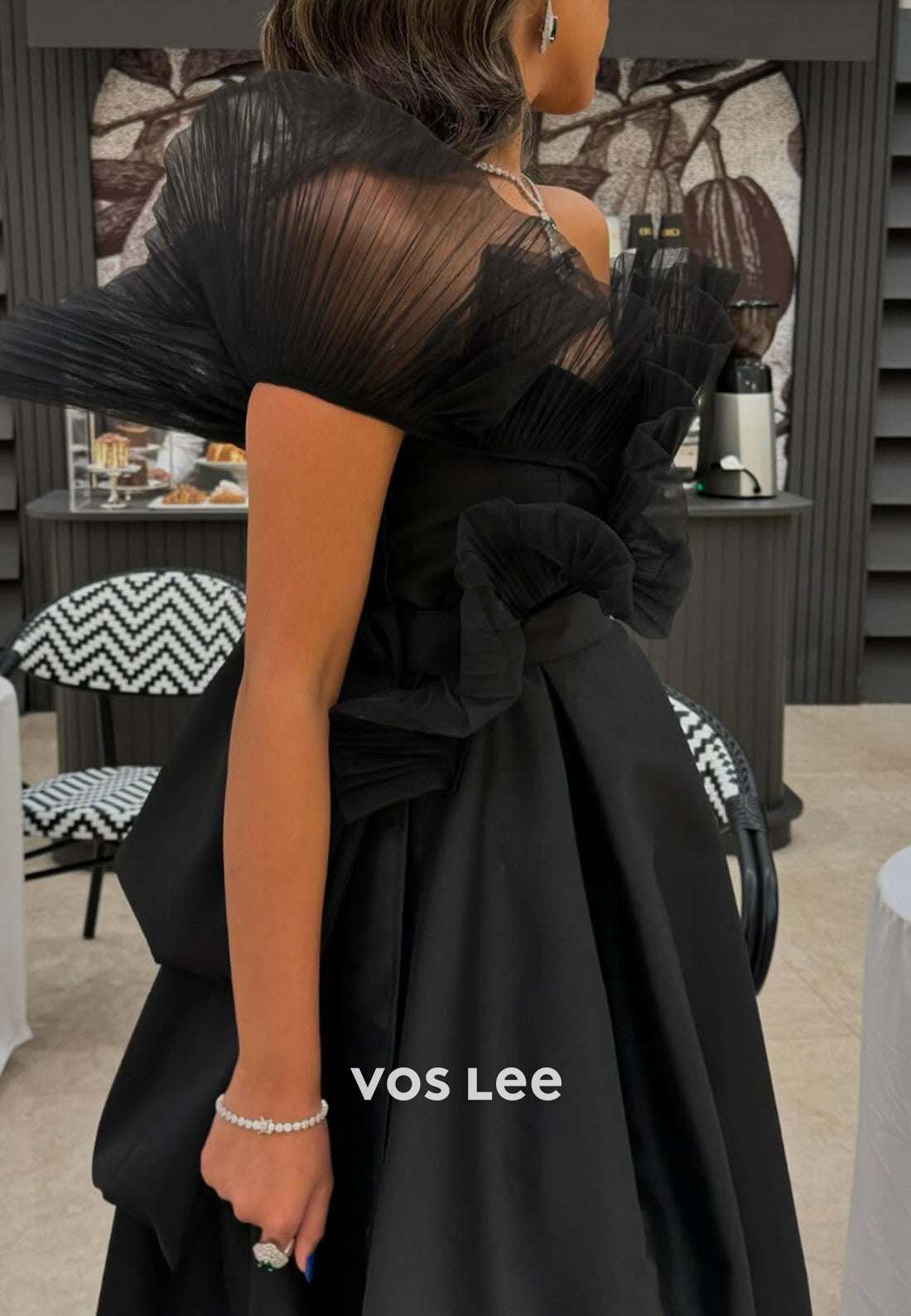 Classic A-Line Off the Shoulder High Split Pleated Prom Dresses with Court Train