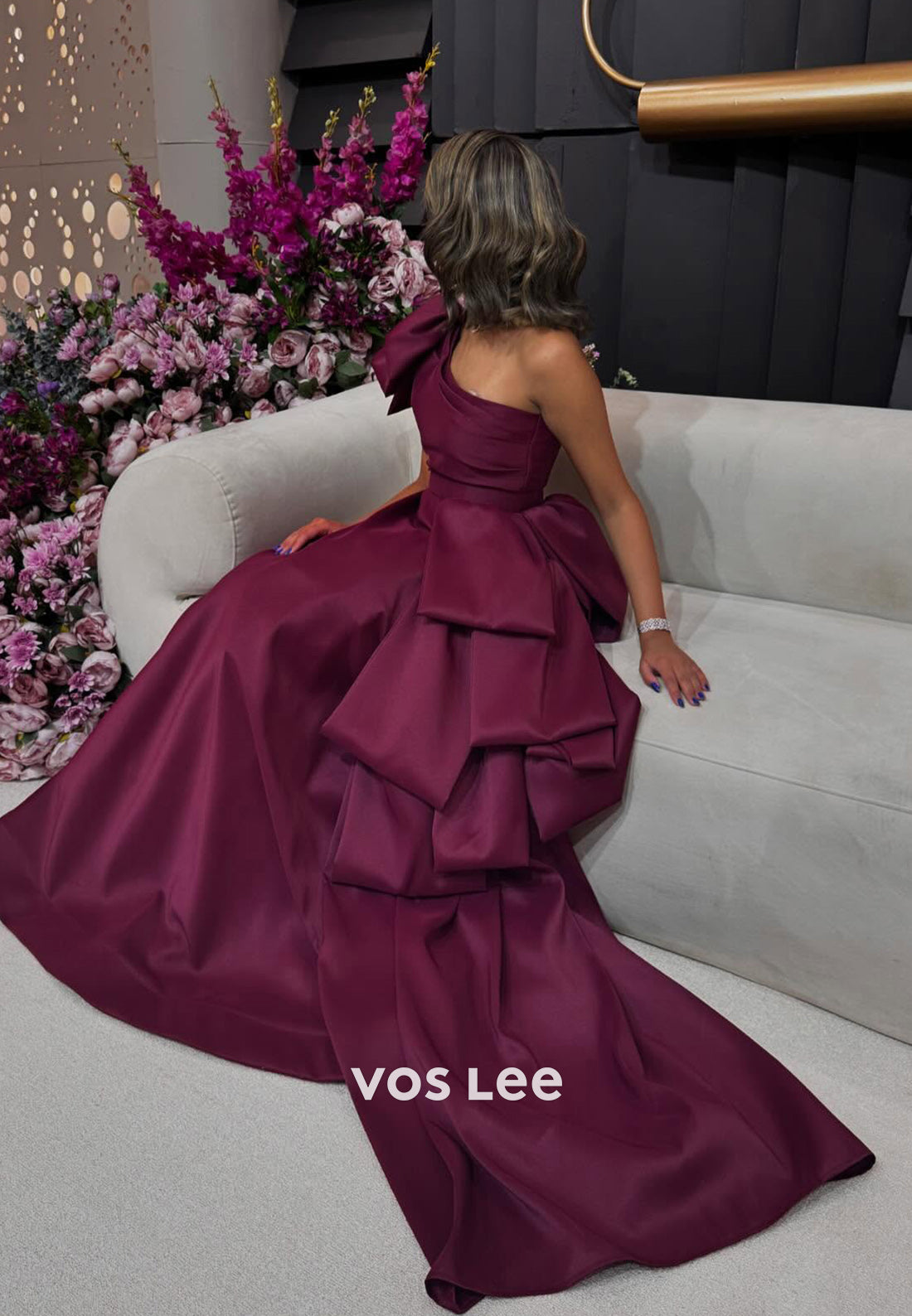 Simple & Couture A-Line One Shoulder Bowknot Pleated Evening Dresses with Sweep Train