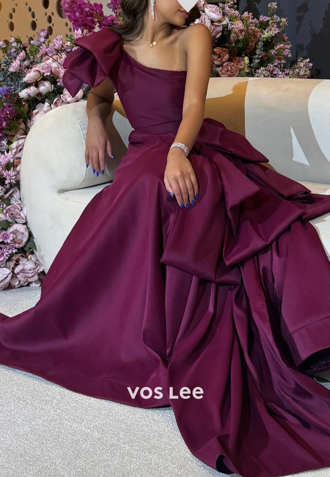 Simple & Couture A-Line One Shoulder Bowknot Pleated Evening Dresses with Sweep Train