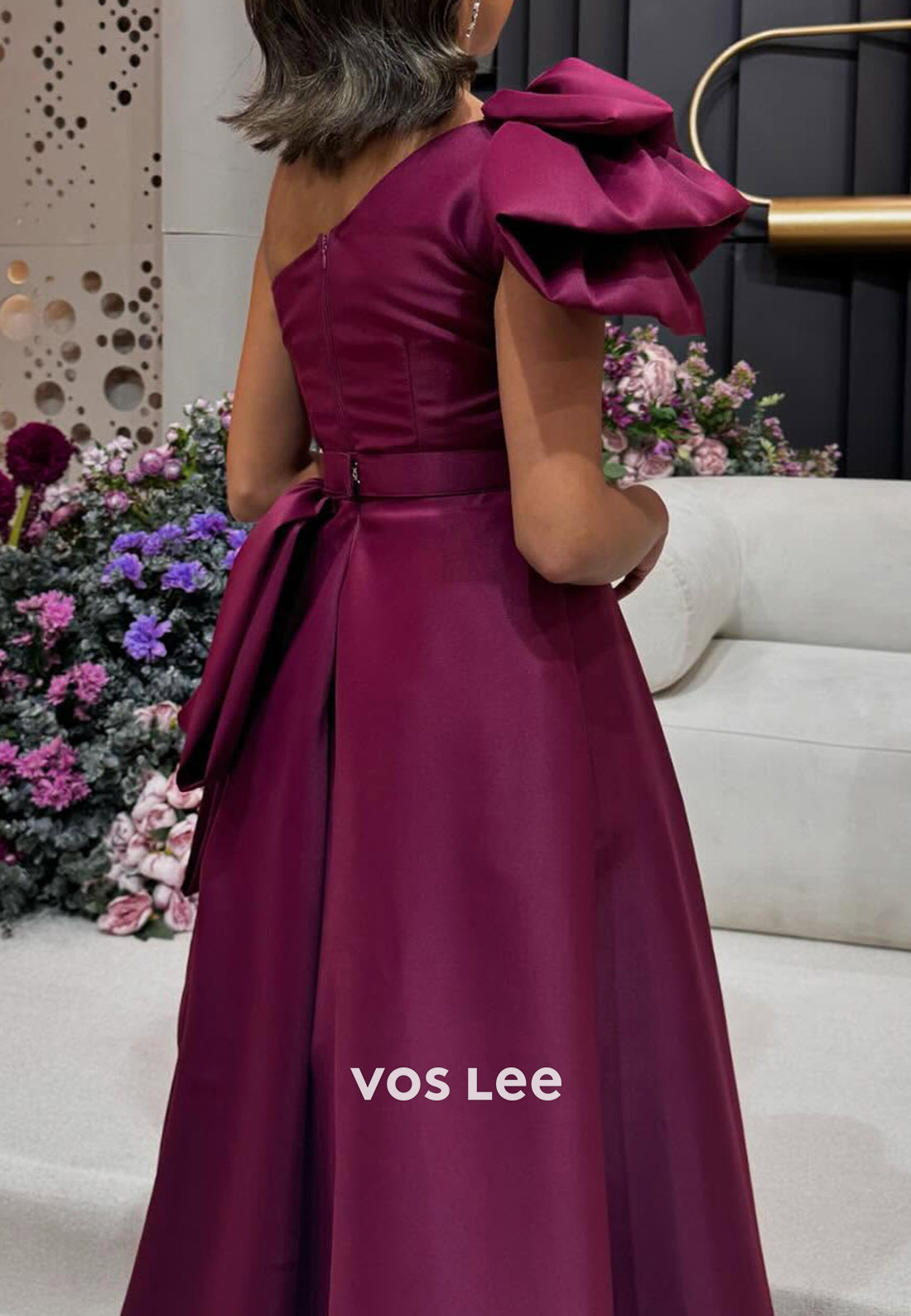 Simple & Couture A-Line One Shoulder Bowknot Pleated Evening Dresses with Sweep Train
