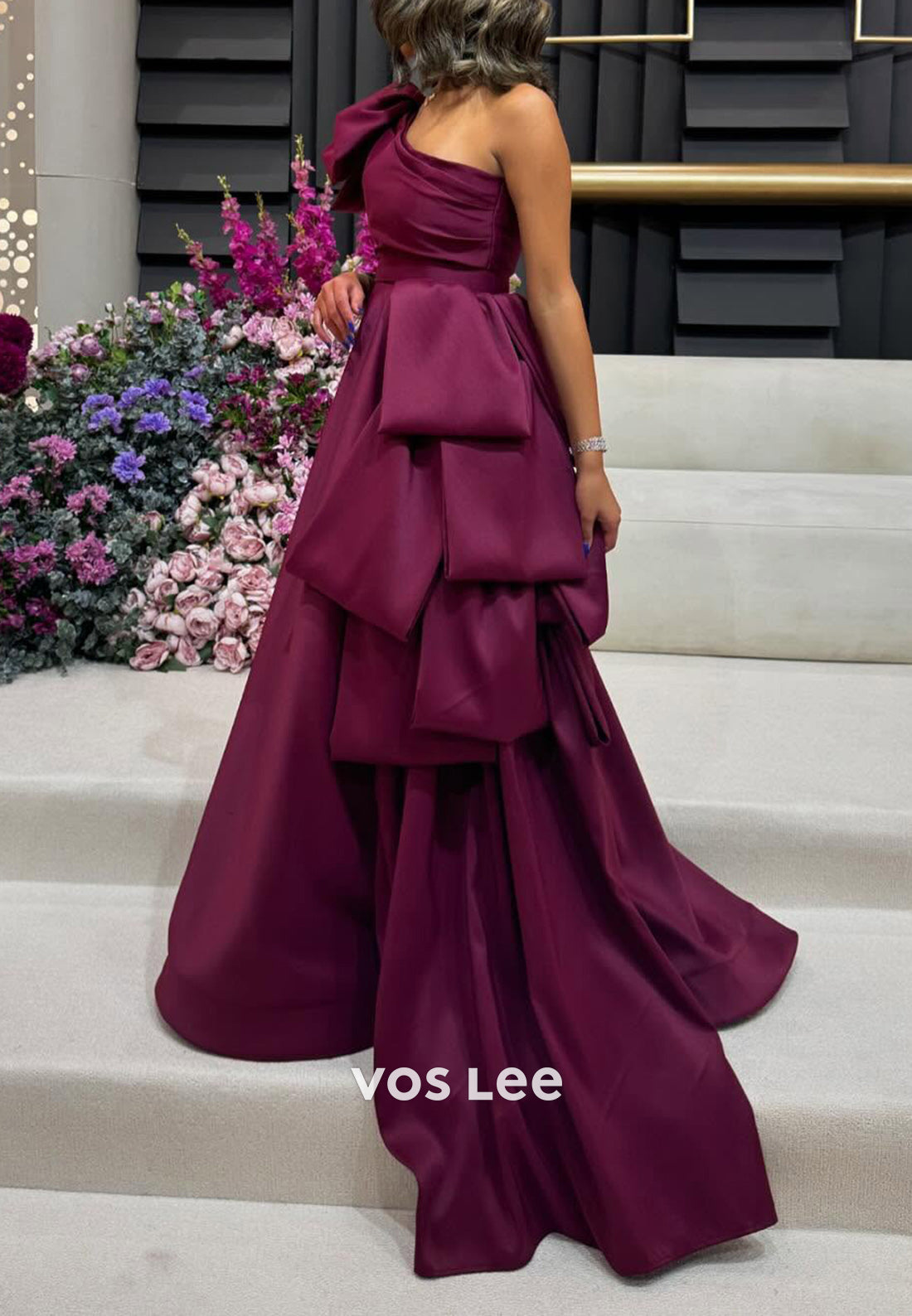 Simple & Couture A-Line One Shoulder Bowknot Pleated Evening Dresses with Sweep Train