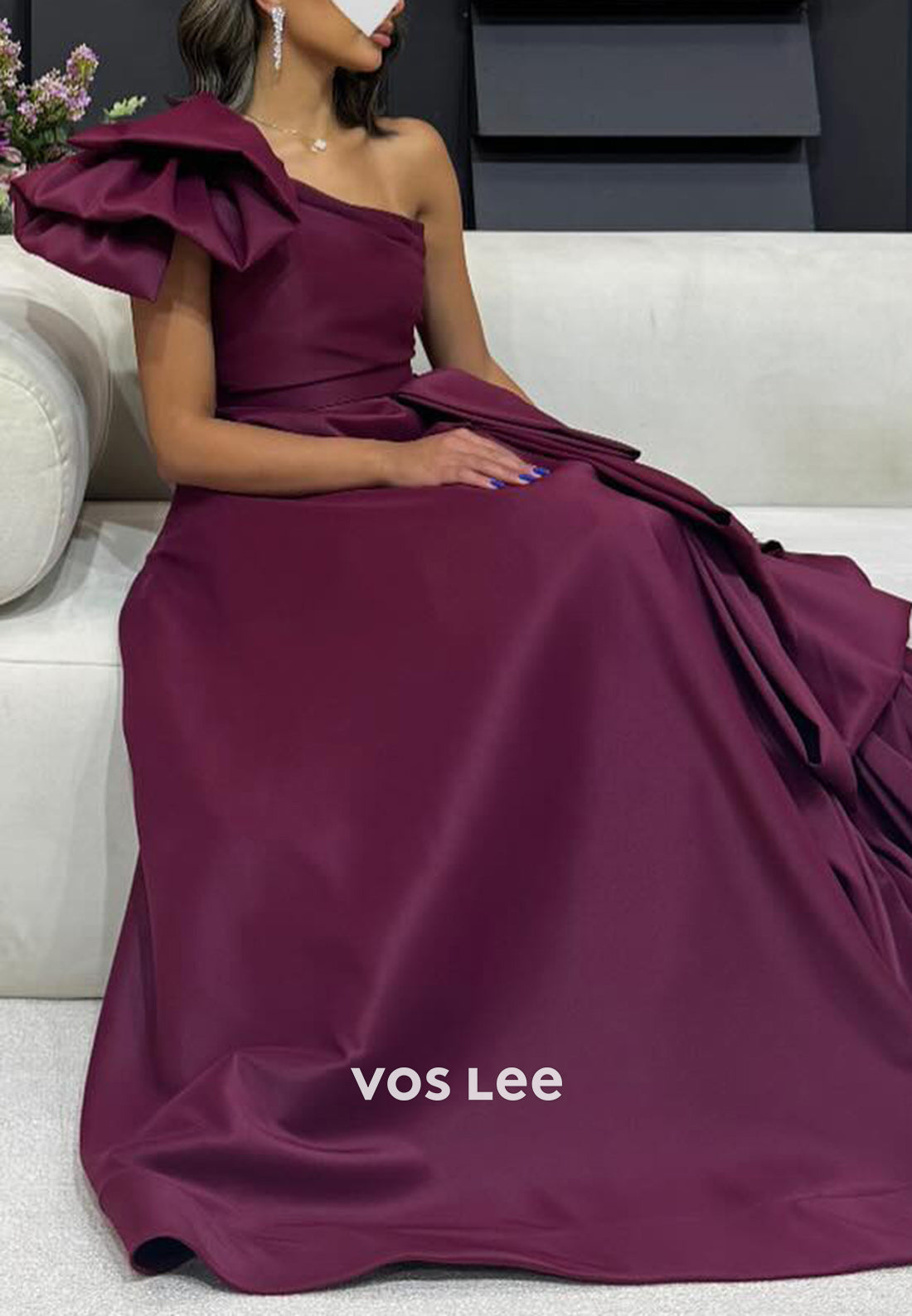 Simple & Couture A-Line One Shoulder Bowknot Pleated Evening Dresses with Sweep Train
