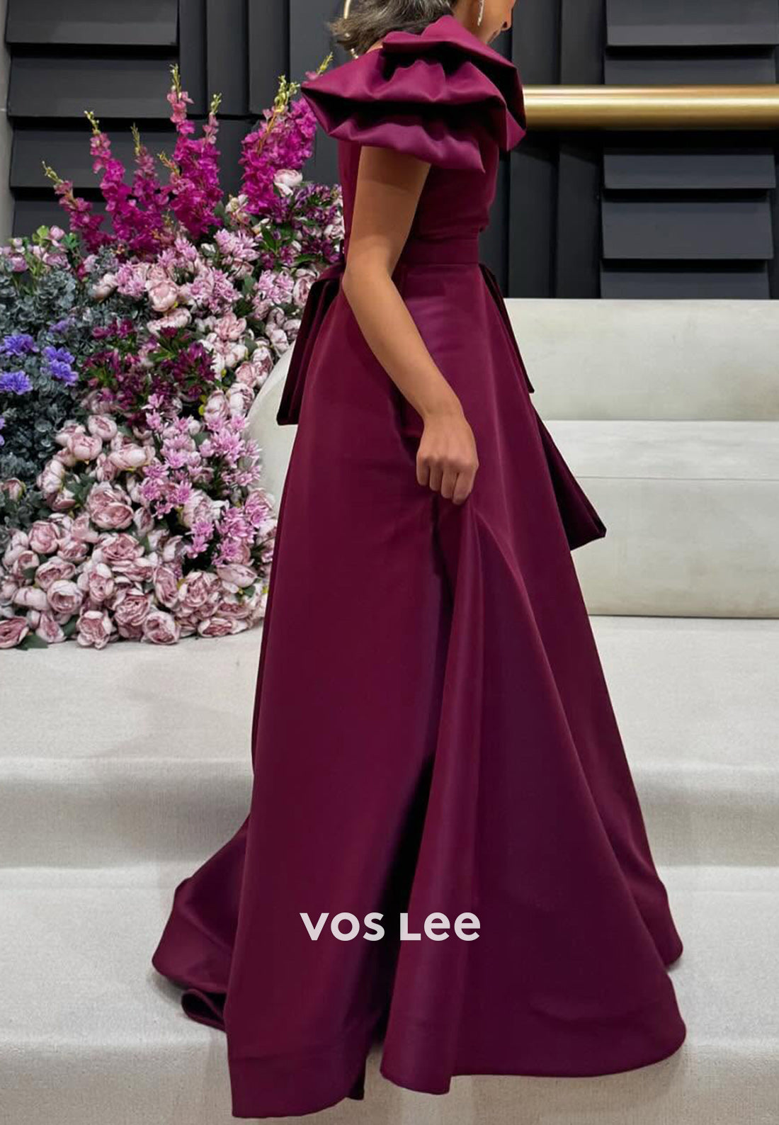 Simple & Couture A-Line One Shoulder Bowknot Pleated Evening Dresses with Sweep Train