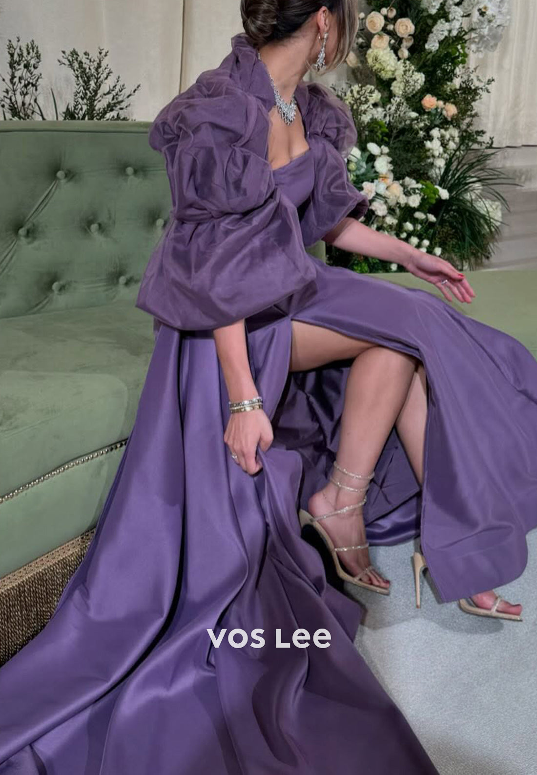 Classic A-Line Strapless Short Sleeve High Spilt Pleated Evening Dresses with Court Train