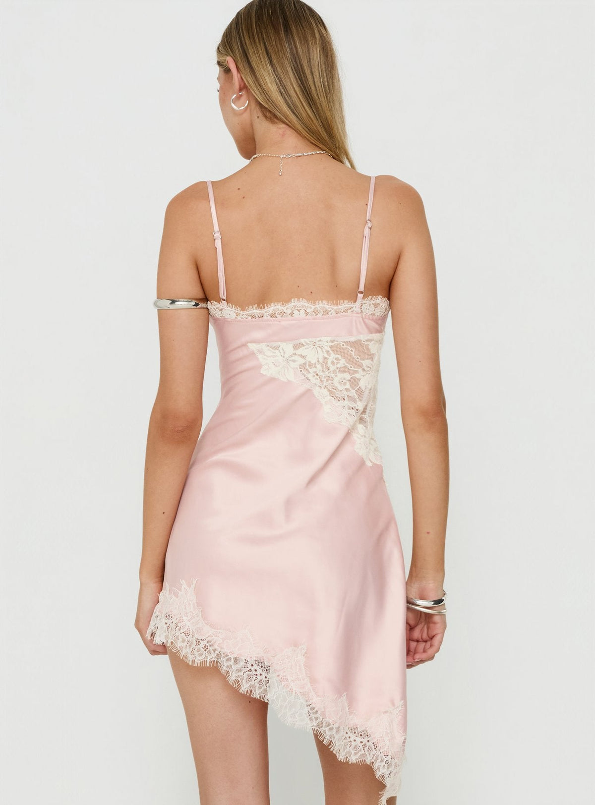 Lace Trim Asymmetrical Satin Slip Dress