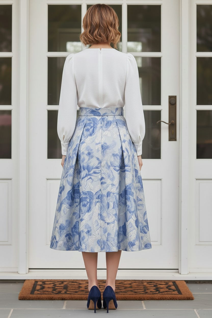 Long Sleeve Jacquard Midi Dress with Belt
