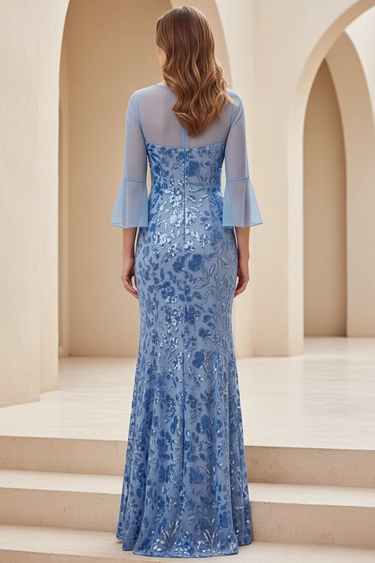 Floral Sequin Illusion Bell Sleeve Gown