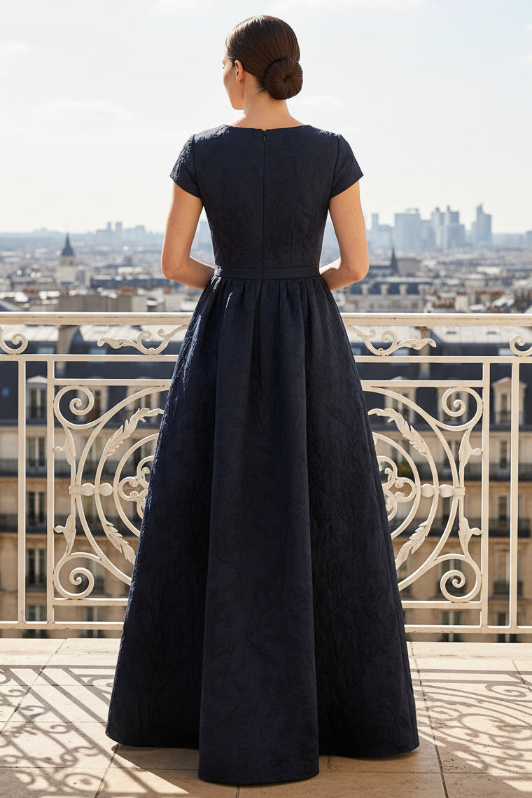 Beaded Jacquard A-Line Evening Gown with Pockets