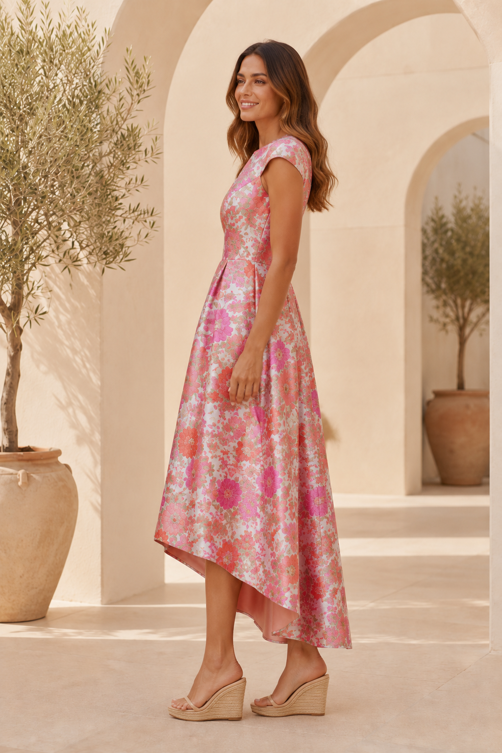 Floral Jacquard High-Low A-Line Dress