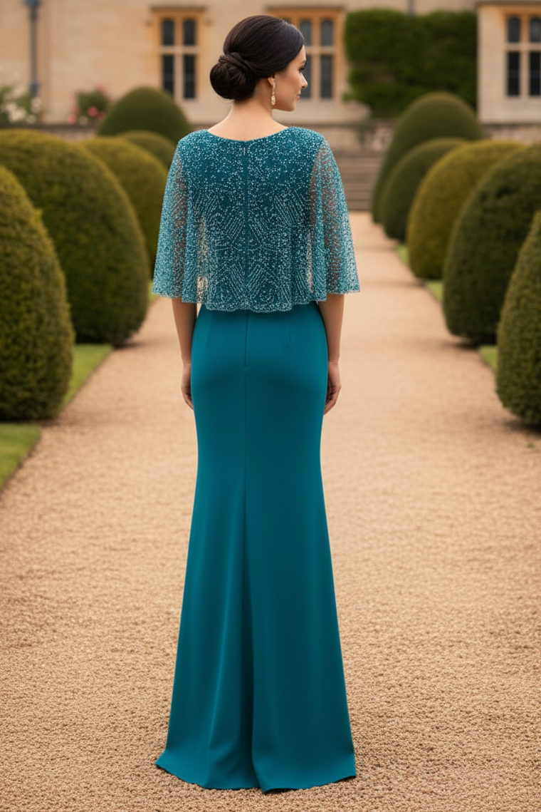 One-Shoulder Crepe Gown with Beaded Cape Sleeves
