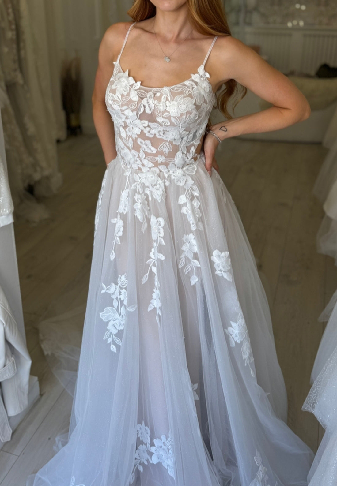 Floral Lace A-Line Wedding Dress with High Slit