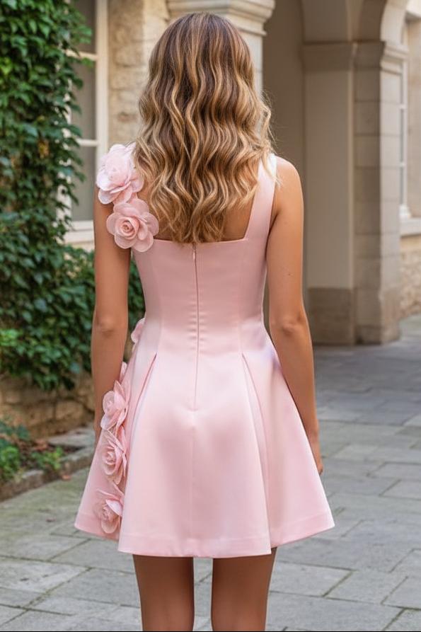 3D Floral Satin Mini A-Line Dress