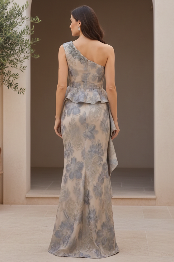 One-Shoulder Peplum Floral Jacquard Evening Gown