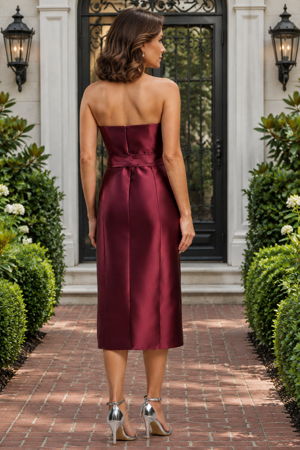 Strapless Pleated Satin Midi Dress with Waist Bow