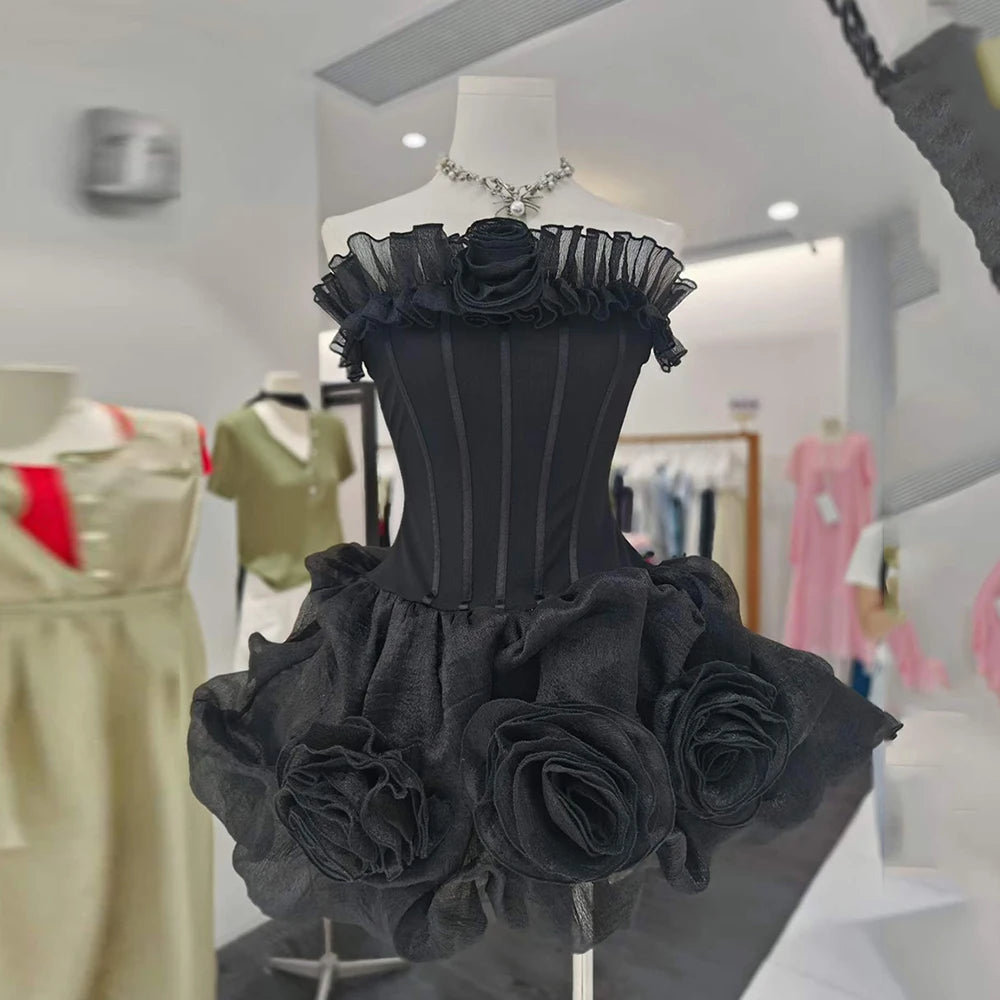 Strapless Corset 3D Rose Ruffle Mini Dress