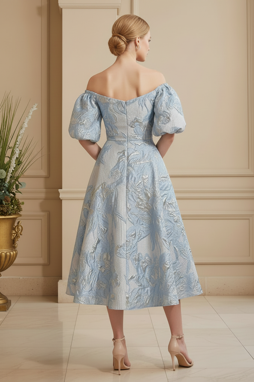 Off-the-Shoulder Metallic Jacquard Midi Dress